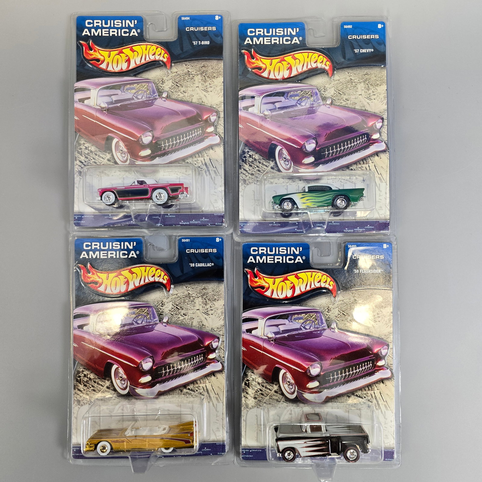 Hot Wheels lot of 4 Premiums/ Cruisin' America, Cruisers: Includes: 57 T-Bird, 59 Cadillac, 57 Chevy and 56 Flashsider Cards: excellent with no issues of note Blister/Bubbles: look to be clear, little to no wea