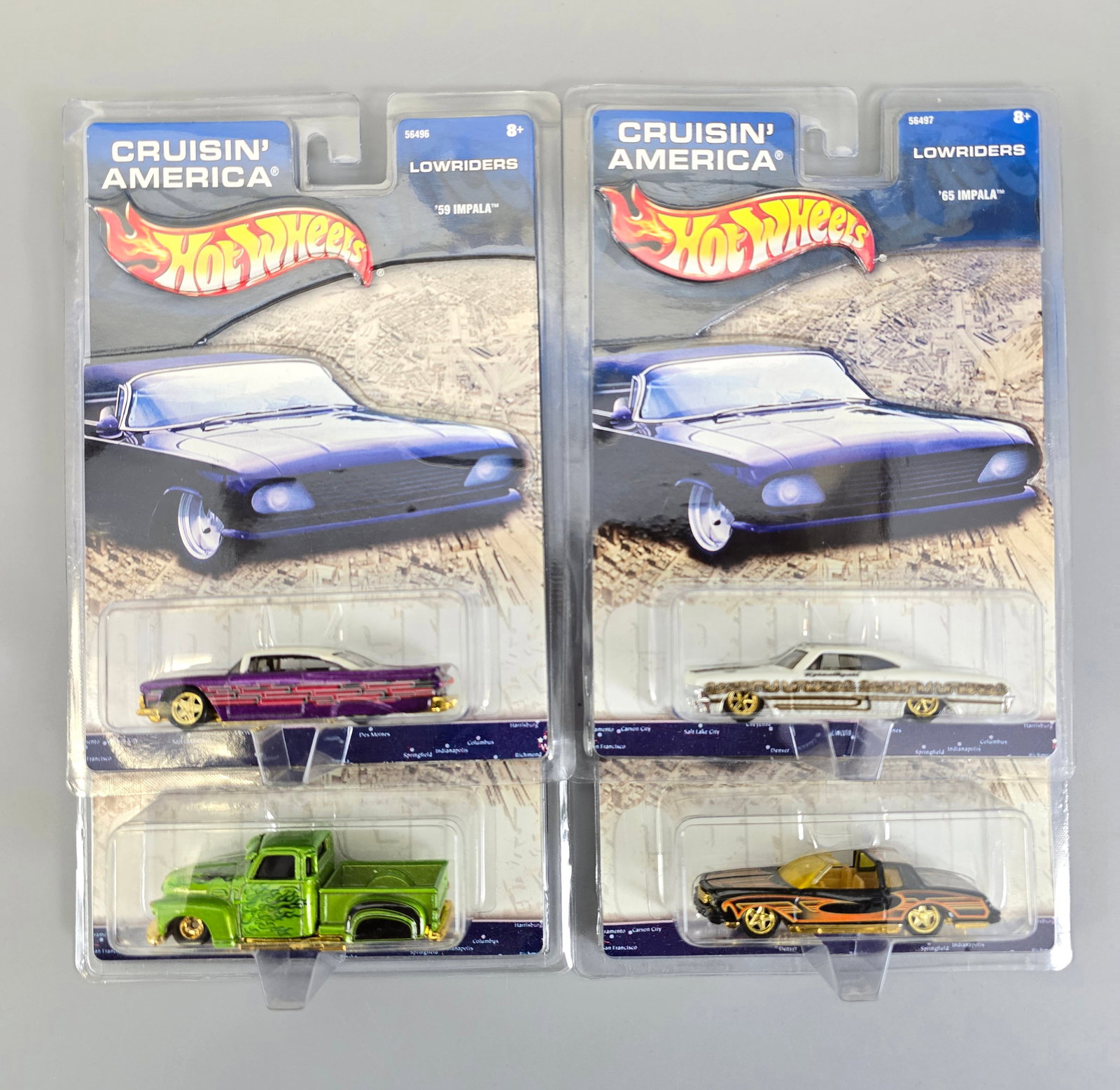 Hot Wheels premiums lot of 4/ full set of Lowriders/Cruisin' America: Includes: 59 Impala, 65 Impala, Montezooma and La Troca Cards: excellent with no issues of note Blister/Bubbles: look to be clear, little to no wear