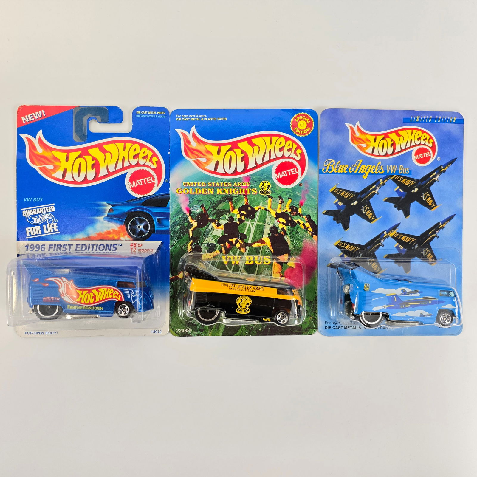 Hot Wheels VW Drag Bus lot: Includes: 1996 First Edition, Army Golden Knights and Blue Angels Cards: good in general but all have edgewear as seen in the photos Blister/Bubbl