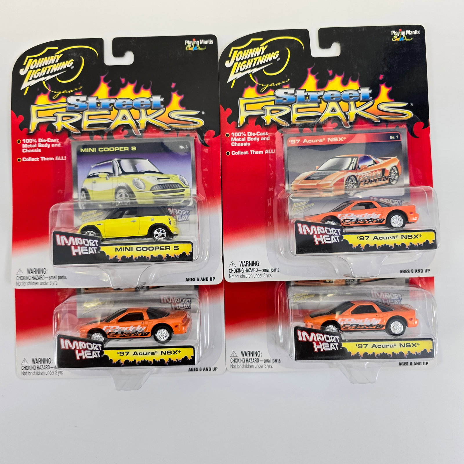 Johnny Lightning lot of 4 Street Freaks Import Heat: Includes: (3) 97 Acura NSX and a Mini Cooper S Cards: excellent with no issues of note Blister/Bubbles: look to be clear, little to n