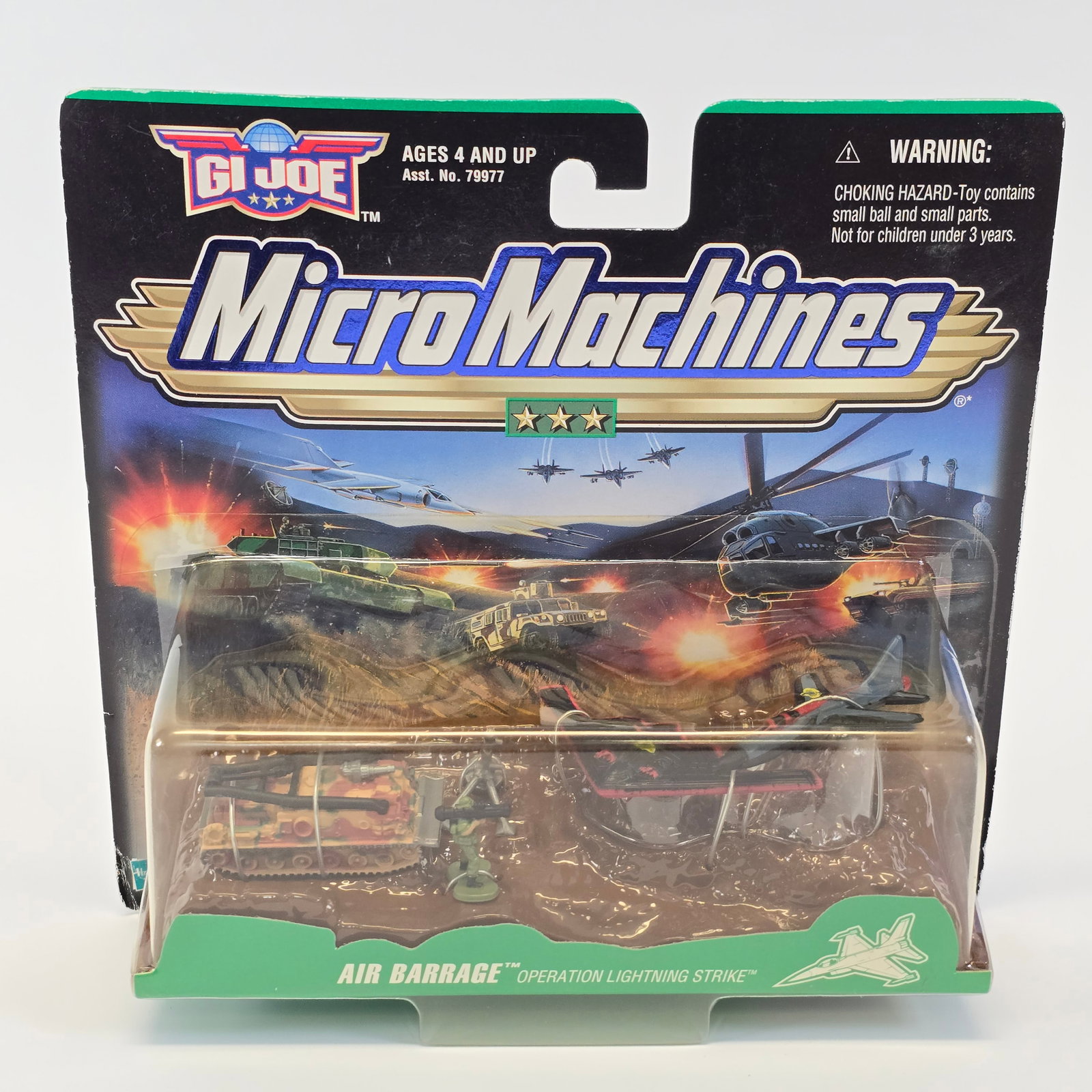 Galoob Micro Machines G.I Joe Air Barrage Blister Pack/play set: Card: solid but does have edge and corner wear as seen in the photos Blister/Bubble: looks to be clear, it has a hole in the bottom right side panel as seen in the phot