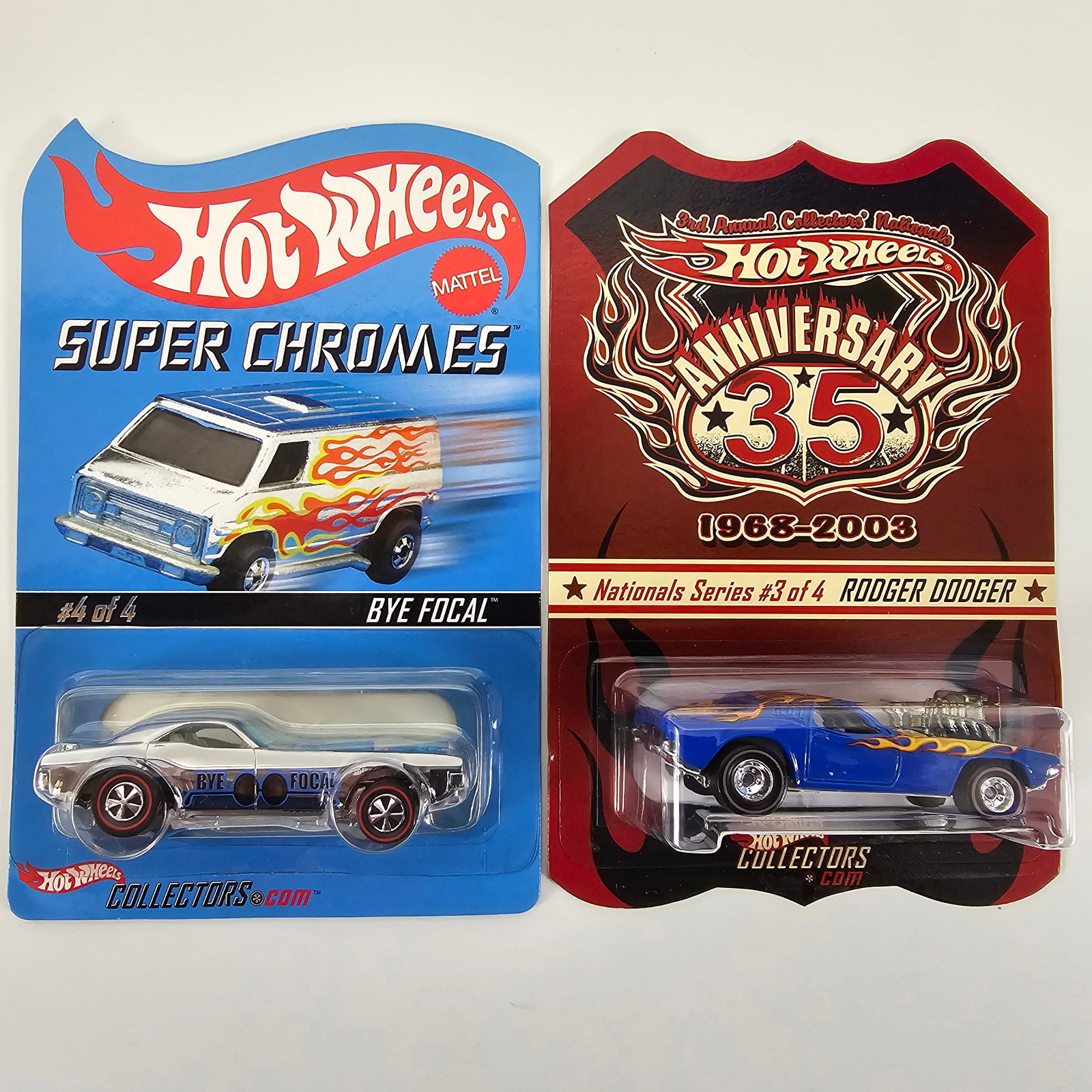 Hot Wheels Anniversary and Super Chromes Lot: Hot Wheels lot of 2, includes RLC Super Chromes Bye Focal LE - 3814/12500 and Hot Wheels Nationals Rodger Dodger LE - /10000 Cards: Excellent with no issues of note to the Bye Focal, the Rodger 