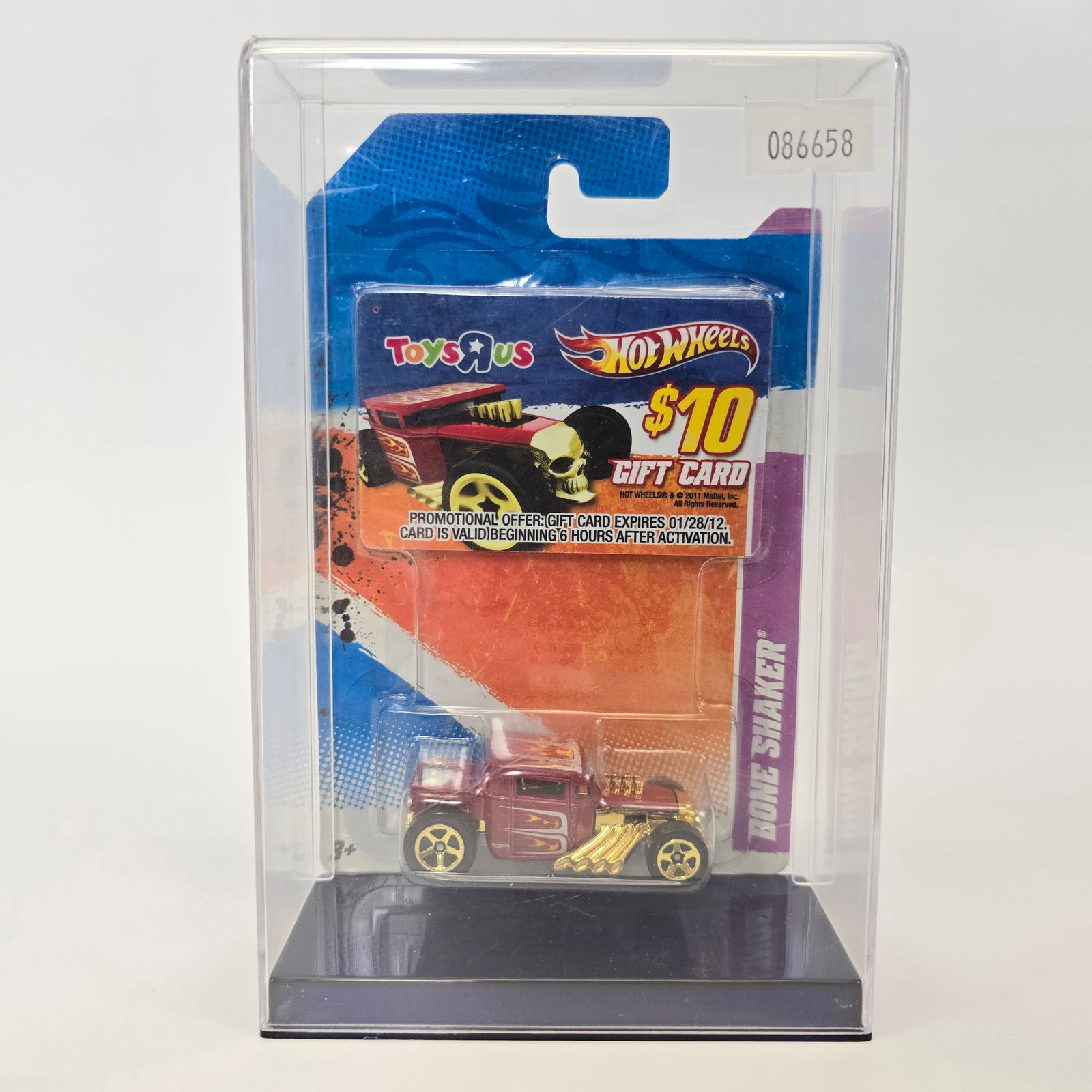 Hot Wheels Toys-R-Us Bone Shaker: Card: Good, it does have edgewear and edge curl as well as minor creases at corners as seen in the photos Blister/Bubble: clear, crack free and firmly attached to the card Item: unopened, no notabl