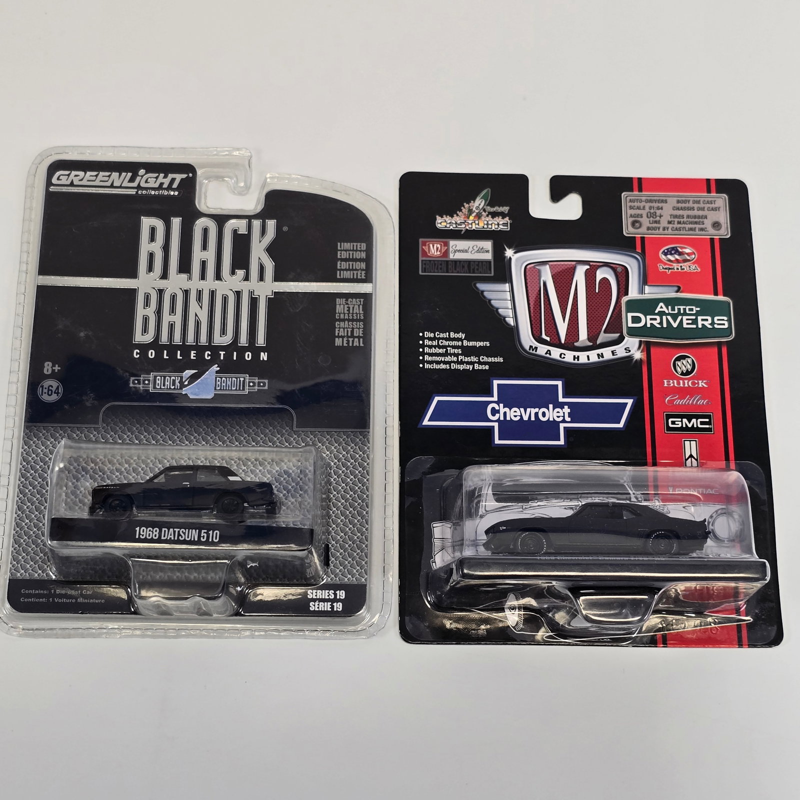 M2 Camaro Z/28 RS and Greenlight Datson 510: M2 Auto Drivers Camaro Z/28 RS and Greenlight Black Bandit Collection Datson 510 Cards: Excellent with no issues of note Blister/Bubbles: clear, crack free and firmly attached to the card Items: unope