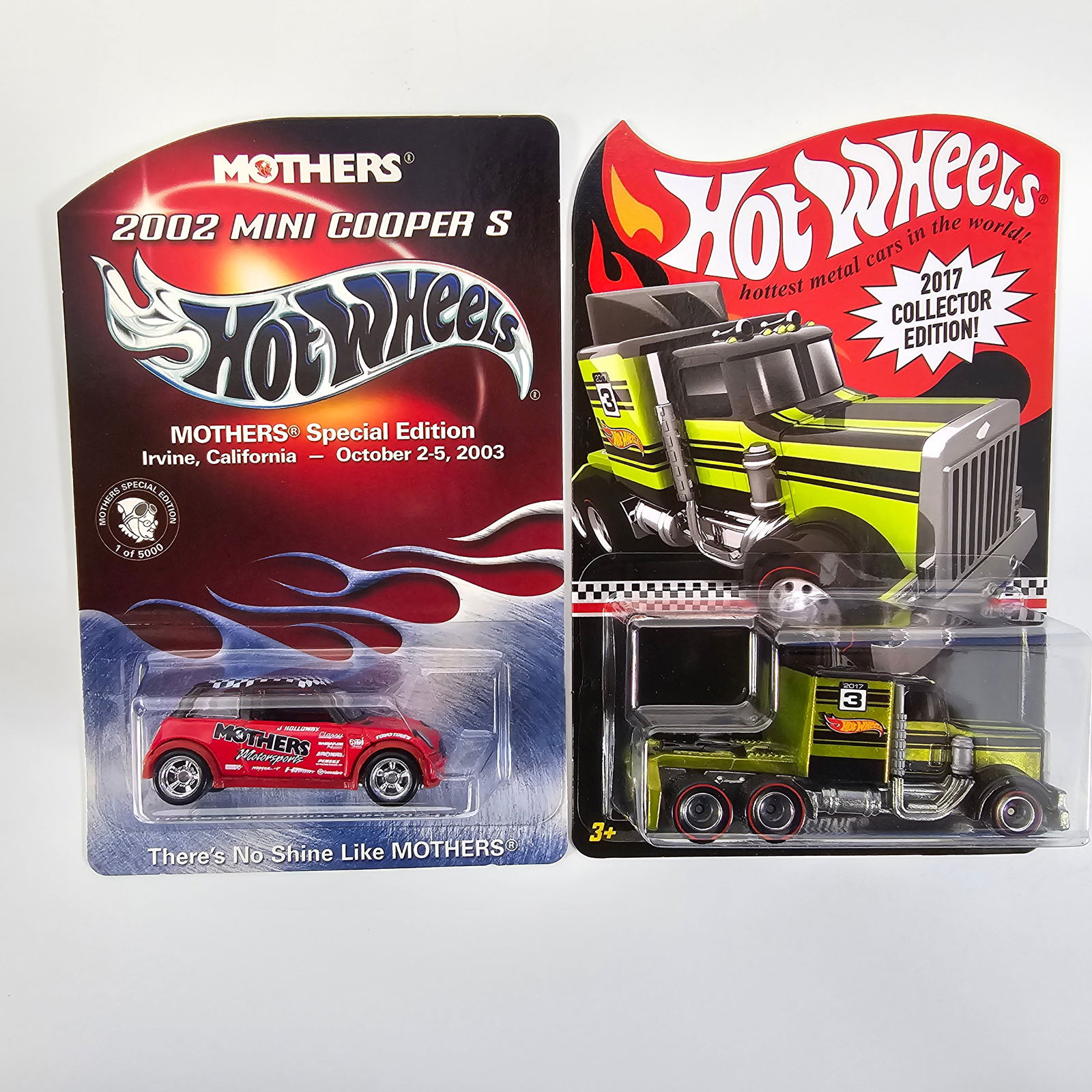 Hot Wheels Long Gone and Mini Cooper S: Hot Wheels Collectors Edition Long Gone and Mother's Mini Cooper S Cards: Long Gone is Excellent with no issues of note, Mini Cooper has curl to the upper left as seen in the photos Blister/Bubbles:
