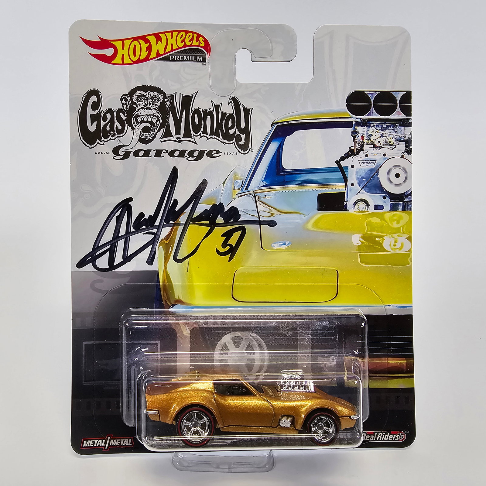 Hot Wheels/Gas Monkey Autographed Corvette: Hot Wheels Retro '68 Corvette Gas Monkey Garage Autographed by Aaron Kaufman of Gas Monkey Garage as well as Juliuan Koiles Hot wheels card art designer Card: excellent with no issues of note - not su