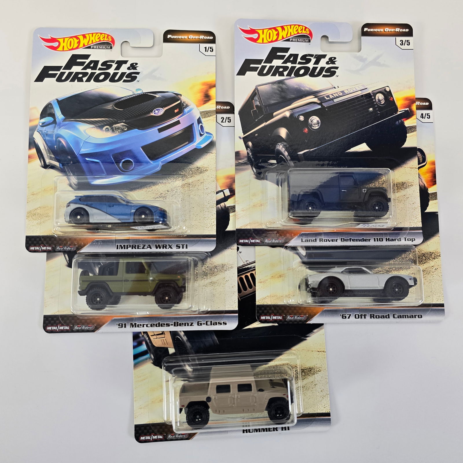 Hot Wheels Fast n Furious set: Hot Wheels Fast & Furious complete set including '91 Mercedes-Benz G-Class, Impreza WRX ST1, '67 Off Road Camaro, Land Rover Defender 110 Hard Top and Hummer H1 Cards: excellent with no issues of