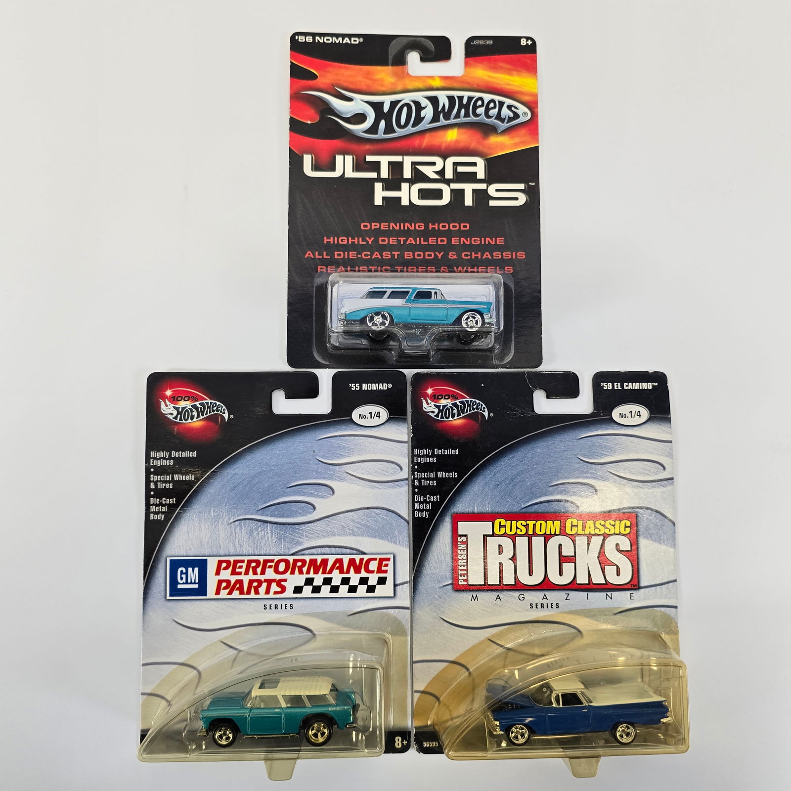 Hot Wheels Premium Lot: Hot Wheels premium lot of 3 including, Ultra Hots 55 Chevy Nomad, 100% GM Performance Parts 55 Nomad and Custom Classics Trucks '59 El Camino Cards: Very good with minor edgewear in spots Blister/Bub