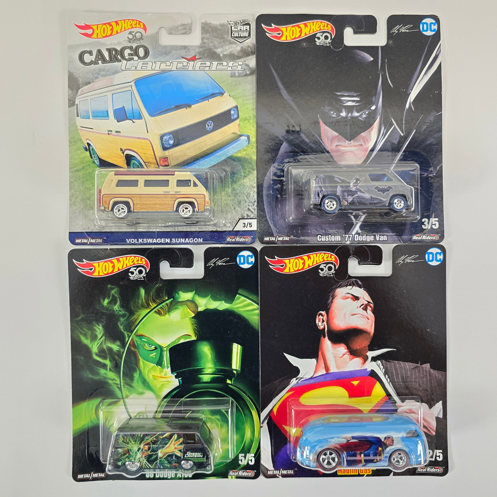 Hot wheels premium lot: Hot Wheels premium lot of 4 including, Batman '71 Custom Dodge Van, Superman Haulin Gas, Green Lantern '66 Dodge A100 and a Cargo Carriers Volkswagen Sunagon Cards: good to very good, cards have va