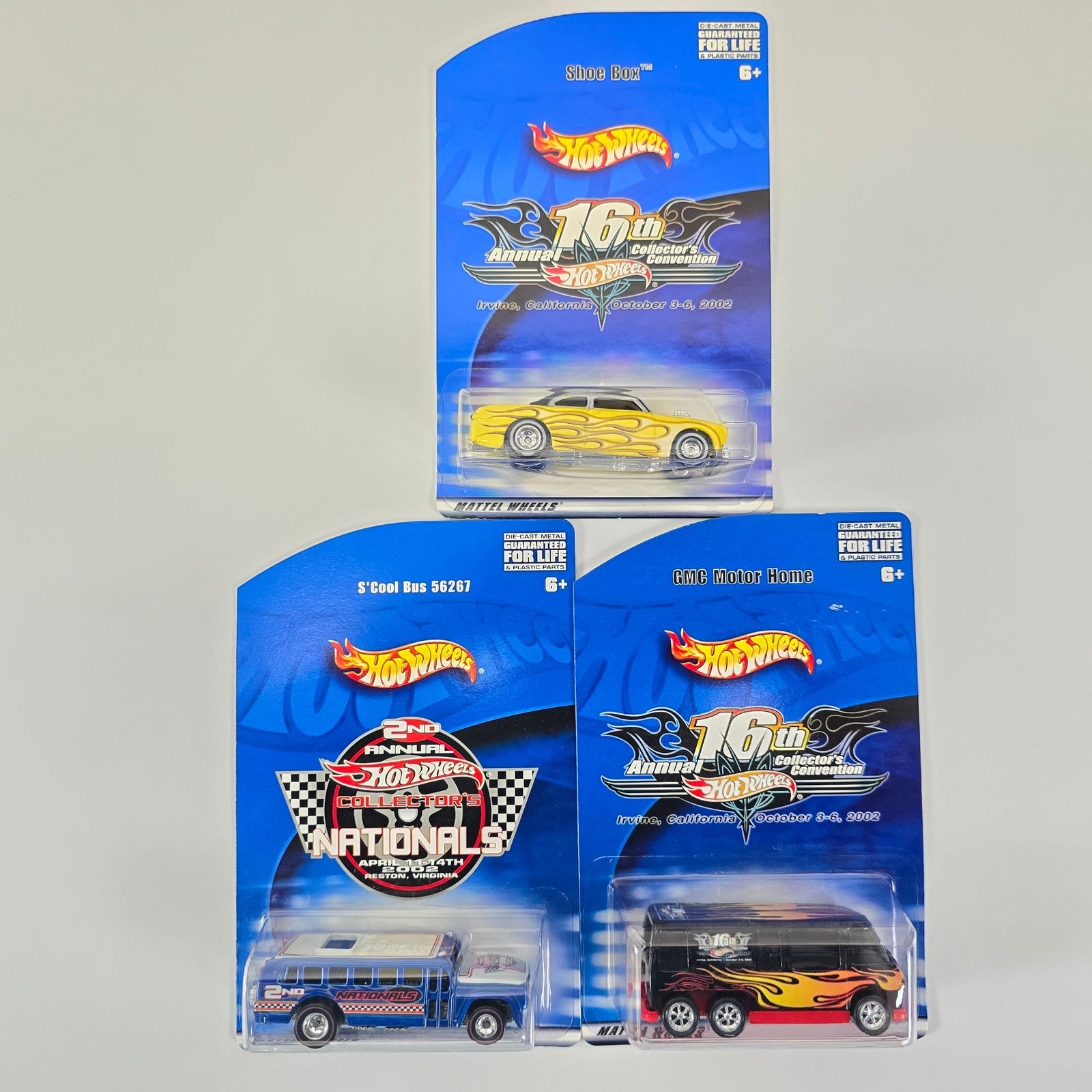Hot Wheels Convention lot: Hot Wheels Convention lot of 3 including, (2) 16th Collectors Convention - GMC Motorhome and Shoe box and 2nd Collectors Nationals S'Cool Bus Cards: very good to excellent as cards have minor