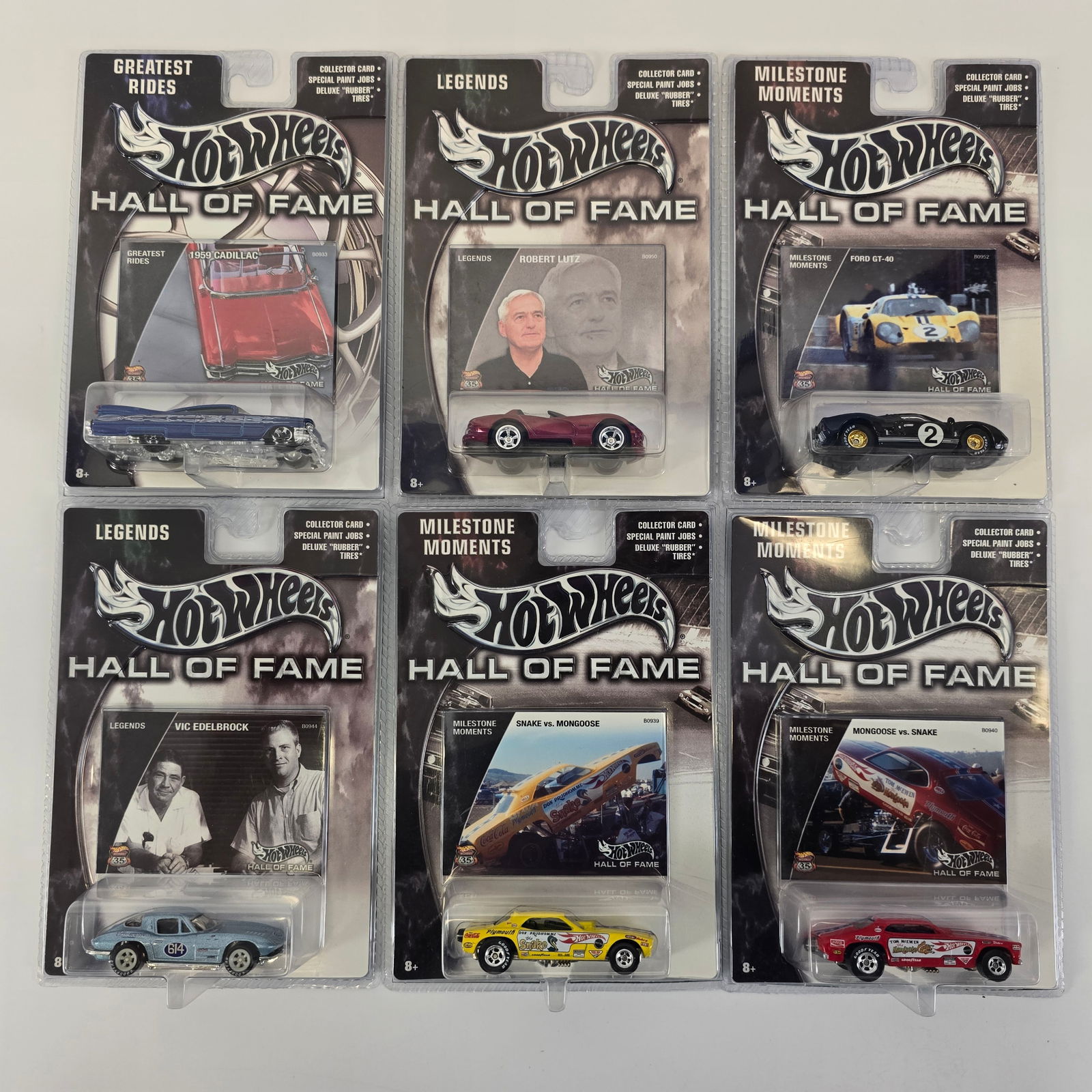 Hot Wheels Hall of Fame Lot: Hot Wheels Hall of Fame lot of 6 including, Edelbrock Corvette, 1959 Cadillac, Dodge Viper RT/10, Ford GT-40, Snake Funny car and Mongoose Funny Car Cards: excellent with no issues of note Blister/
