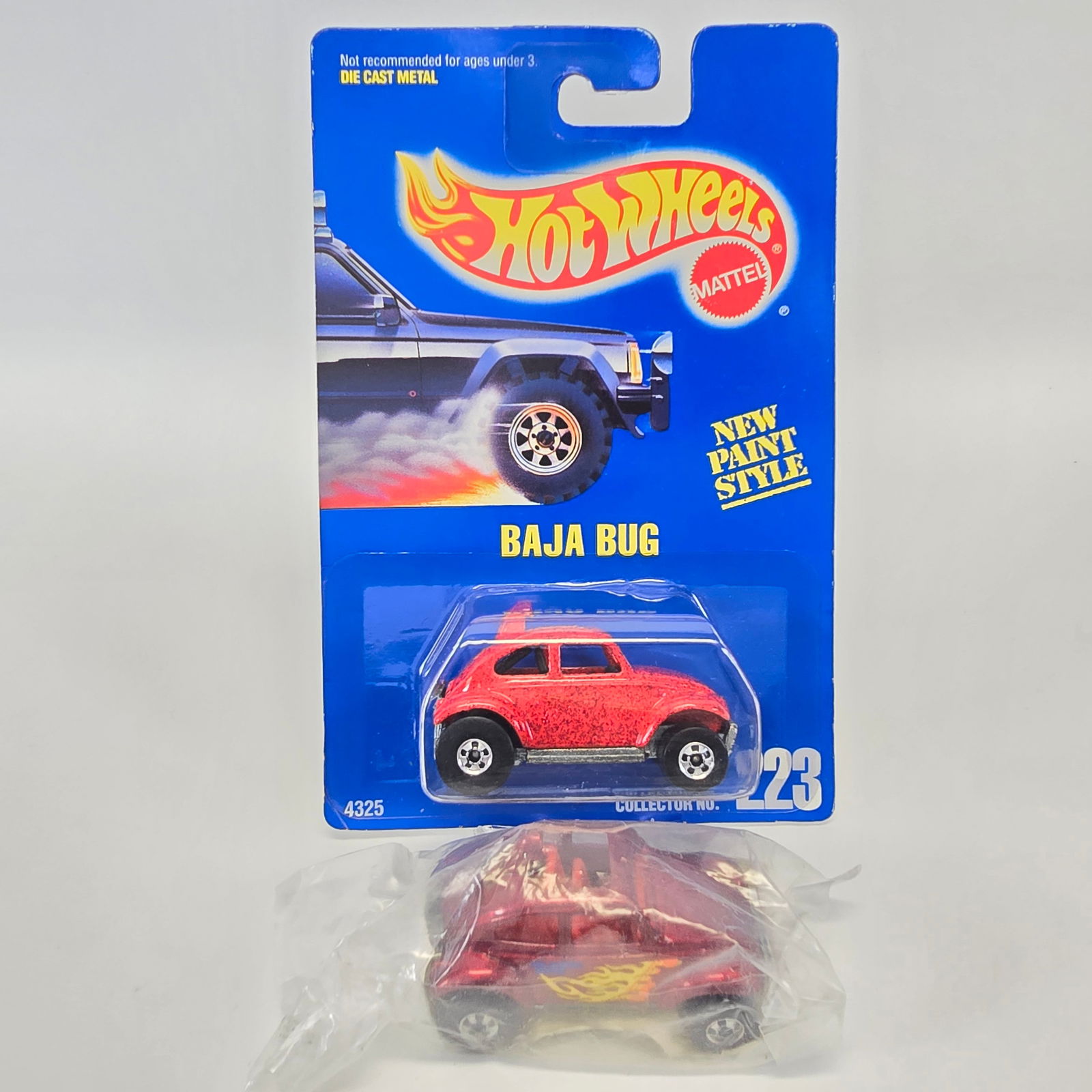 Hot Wheels Blackwall Baja Bug Pair: Hot Wheels Blackwall Baja Bug Blazin' Beetle pair including Numbered Blue Card # 223 and Flame tampo Baggie Car Card: Looks to be very good with minimla edge and corner wear. Bright artwork Blister/Bu