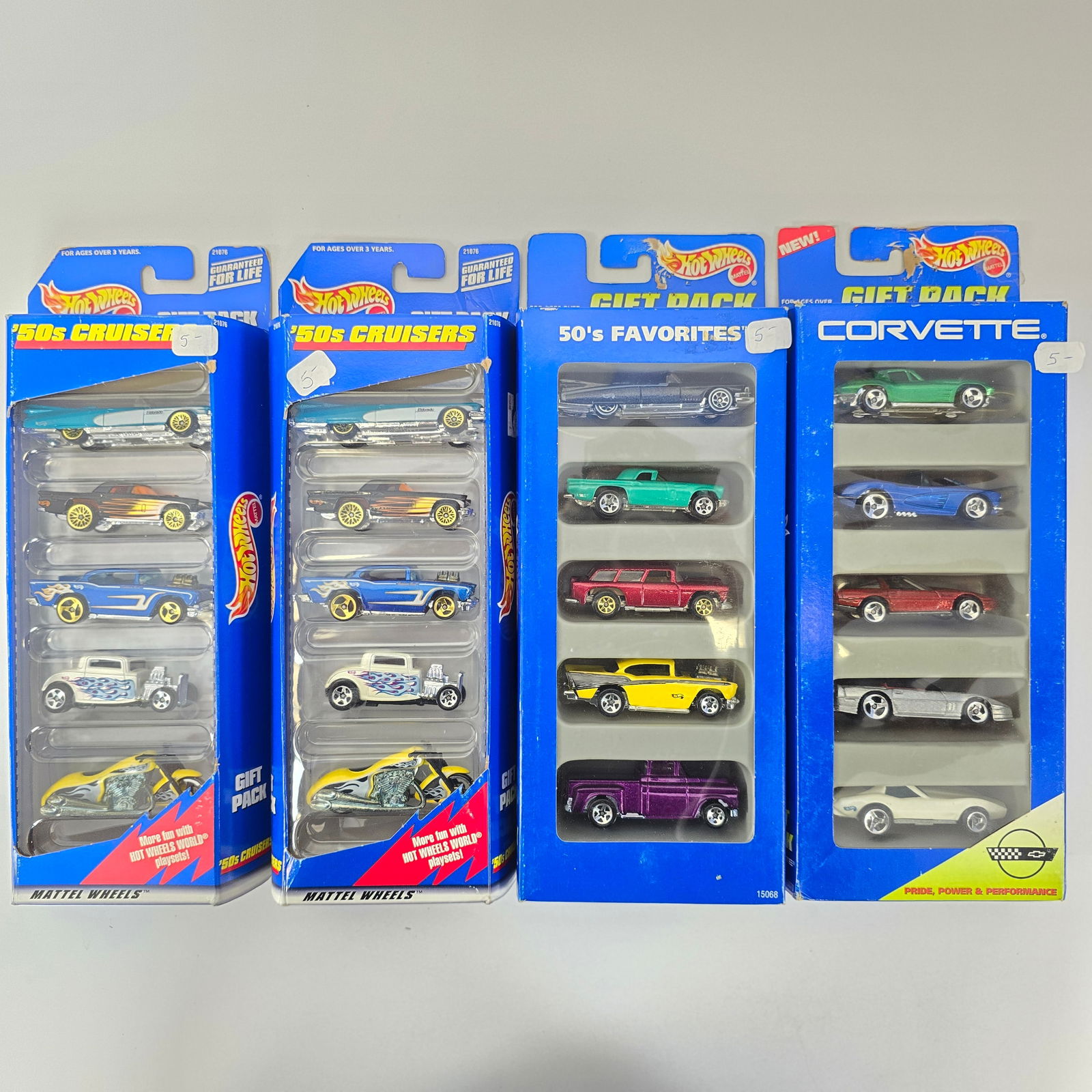 Hot Wheels Lot of 4 5-Packs: Hot Wheels Lot of 4 5-Packs including; 2 50's Cruisers, 50's Favorites, and Corvette Boxes: Mostly good, some edgewear and corner wear Blisters: Clear and firmly attached