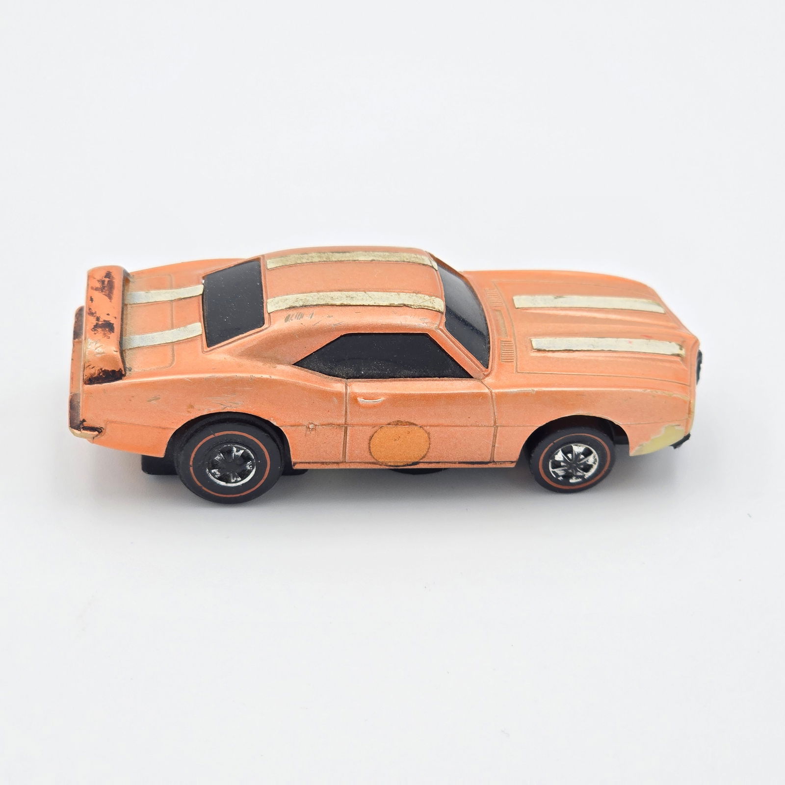 Sizzlers Trans-Am: 1970 Mattel Hot Wheels Sizzlers light orange Firebird Trans-Am Car: fair with wear throughout as seen, rough decals with some missing, drivers side wheel chrome is very good, chrome mostly missing
