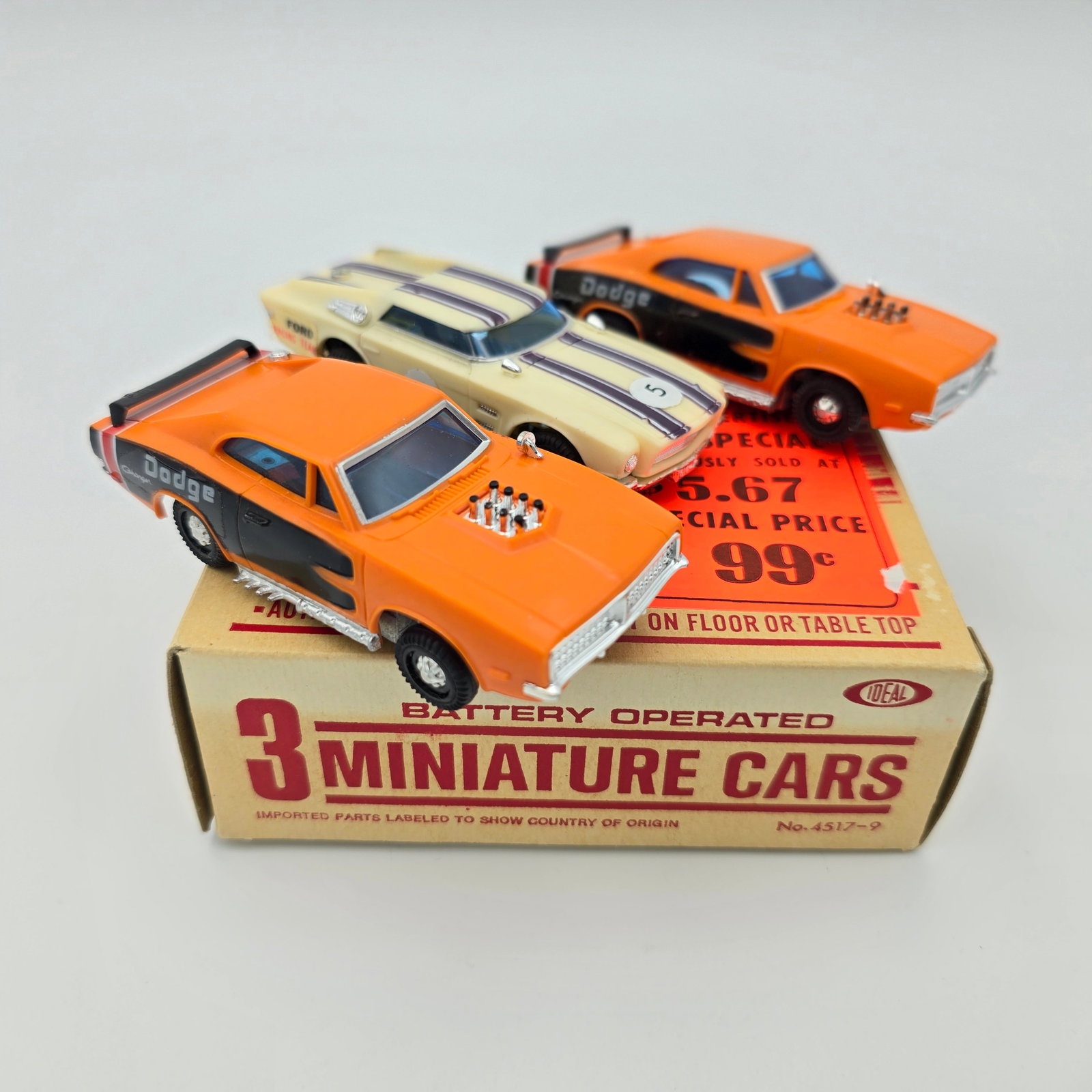 Ideal Mini Motorific Car Trio: (3) Cars and (1) box, Two Dodge Chargers and one Ford Allegro, Very Nice pieces Box- Shows little signs of wear/ damage and in good condition overall Cars- All three pieces look to have little wear an