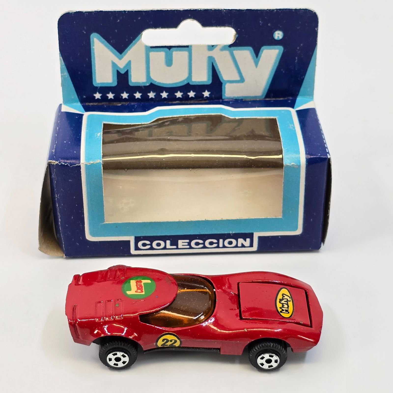 Muky "Lamborghini Special": Vintage Muky Argentina #22 Lamborghini Special w/Box Red body, amber windows, & "22" decals. Car- appears new in package with no notable damage Box- Good condition with no notable