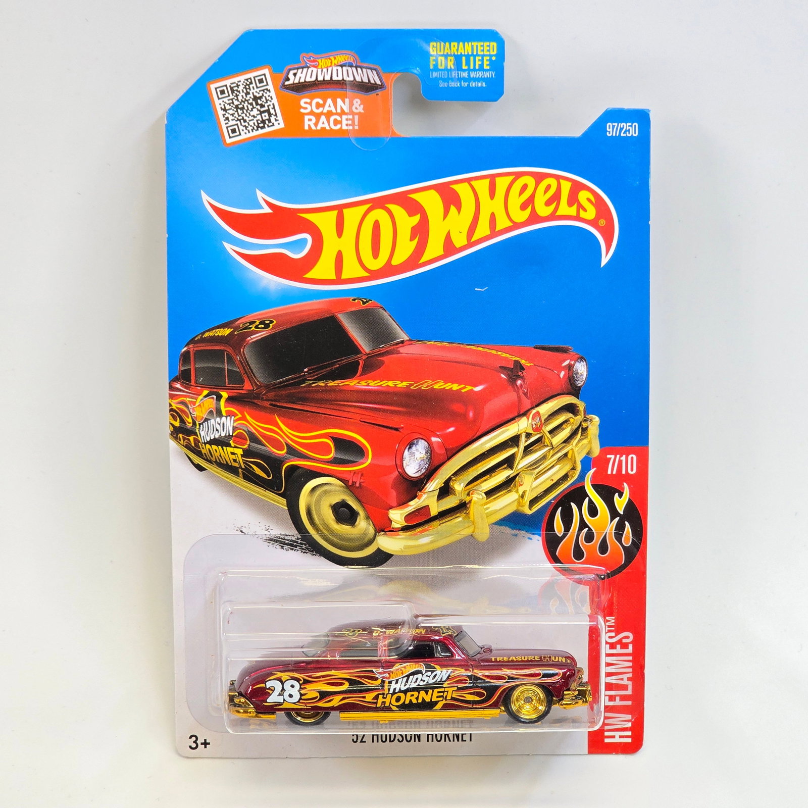 Hot Wheels STH Hudson Hornet: 2016 Hot Wheels HW Flames Series 52 Hudson Hornet Super Treasure Hunt Car- is new in blister, no visible wear Blister- appears clear and free of scuffs/scratches, firmly attached to card Card- One sof