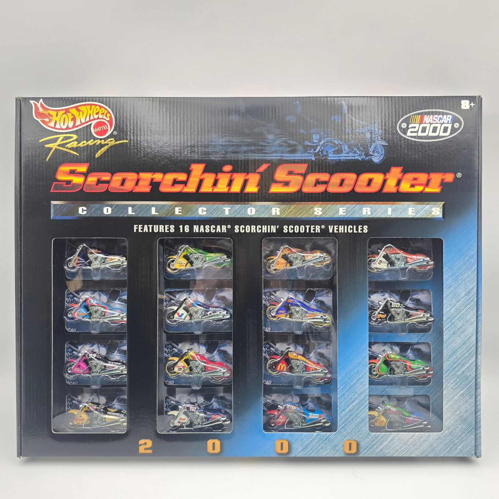 Hot Wheels Scorchin' Scooter box set: Hot Wheels Pro Racing 2000 Scorchin' Scooter NASCAR set Bikes - new in package with no notable wear Box- sealed with light shelf wear in spots, comes in original plain white shipper
