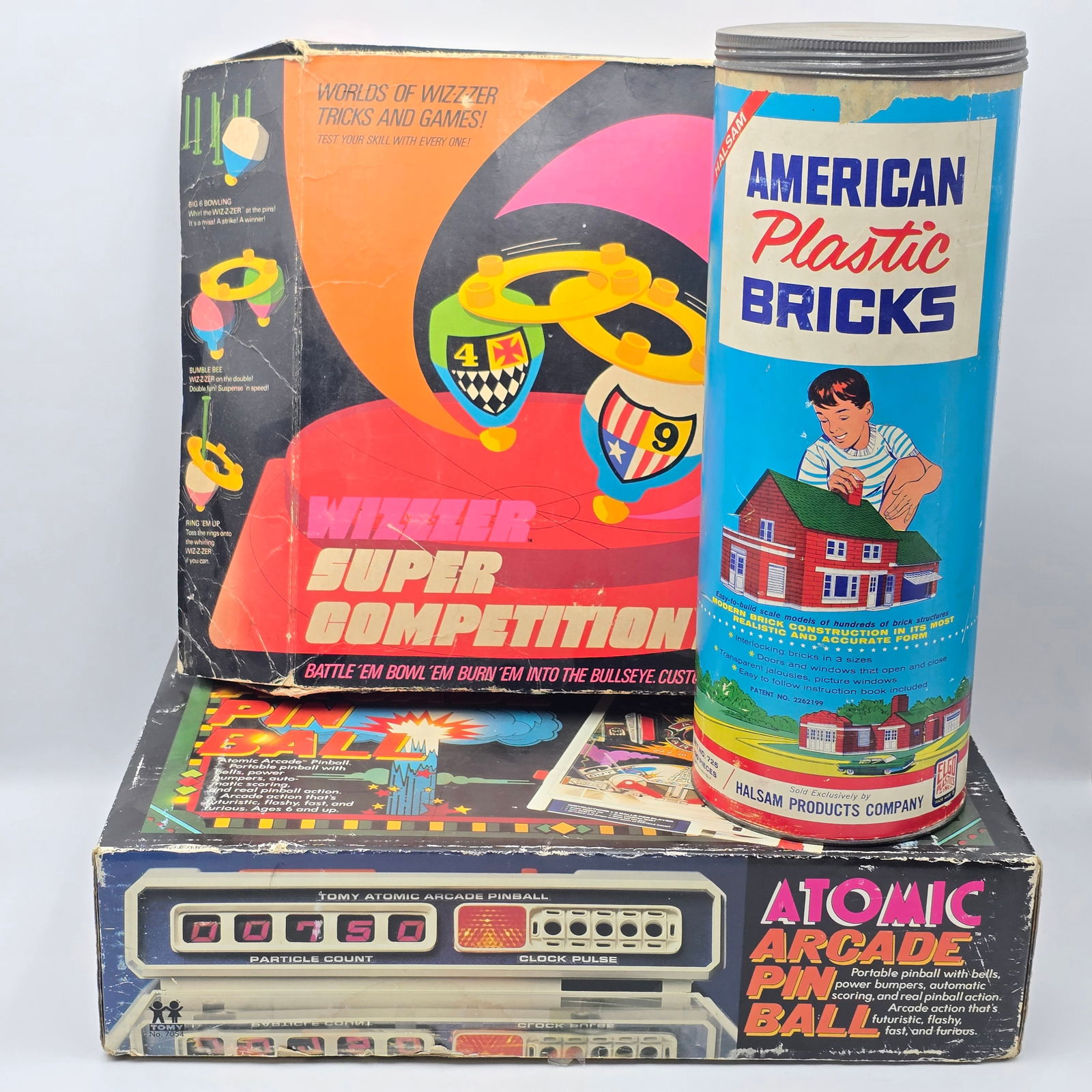 Lot of Boxed Vintage Toys: Lot of (3) Vintage Boxed Activity Toys including: 1- 1960s ELGO Plastics Inc. Set #725, 290 pcs. American Plastic Bricks building blocks. Bricks are in overall good condition. Included instructions an