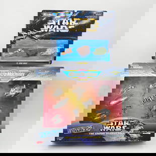 Pair of Star Wars Vehicle Sets: (2) Micro Machines Star Wars Vehicle Sets including: 1- 1995 The Empire Strikes Back Collectors Edition 8 pcs. Set, New in Box. Box shows edge wear and damage to flaps. 2- 1996 Galoob Micro Machines S