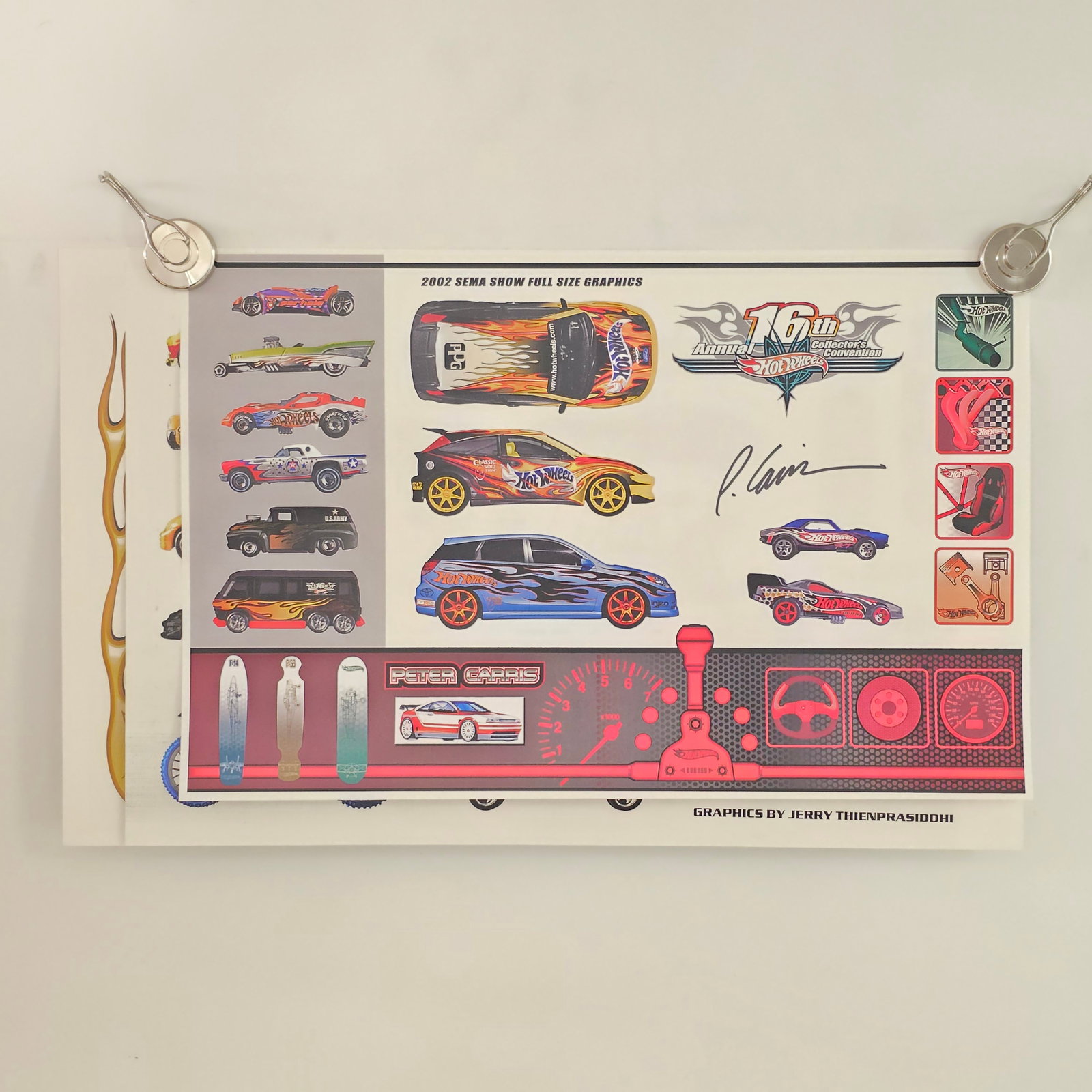 Lot of Hot Wheels Signed Posters: Lot of (3) Hot Wheels Signed 2002 16th Annual Collectors Convention Including: - Peter Carris 11 x 17 - Jerry Thienpradiddhi 12 x 18 - Wayne A Scott 12 x 18 All sheets appear in good condition with li
