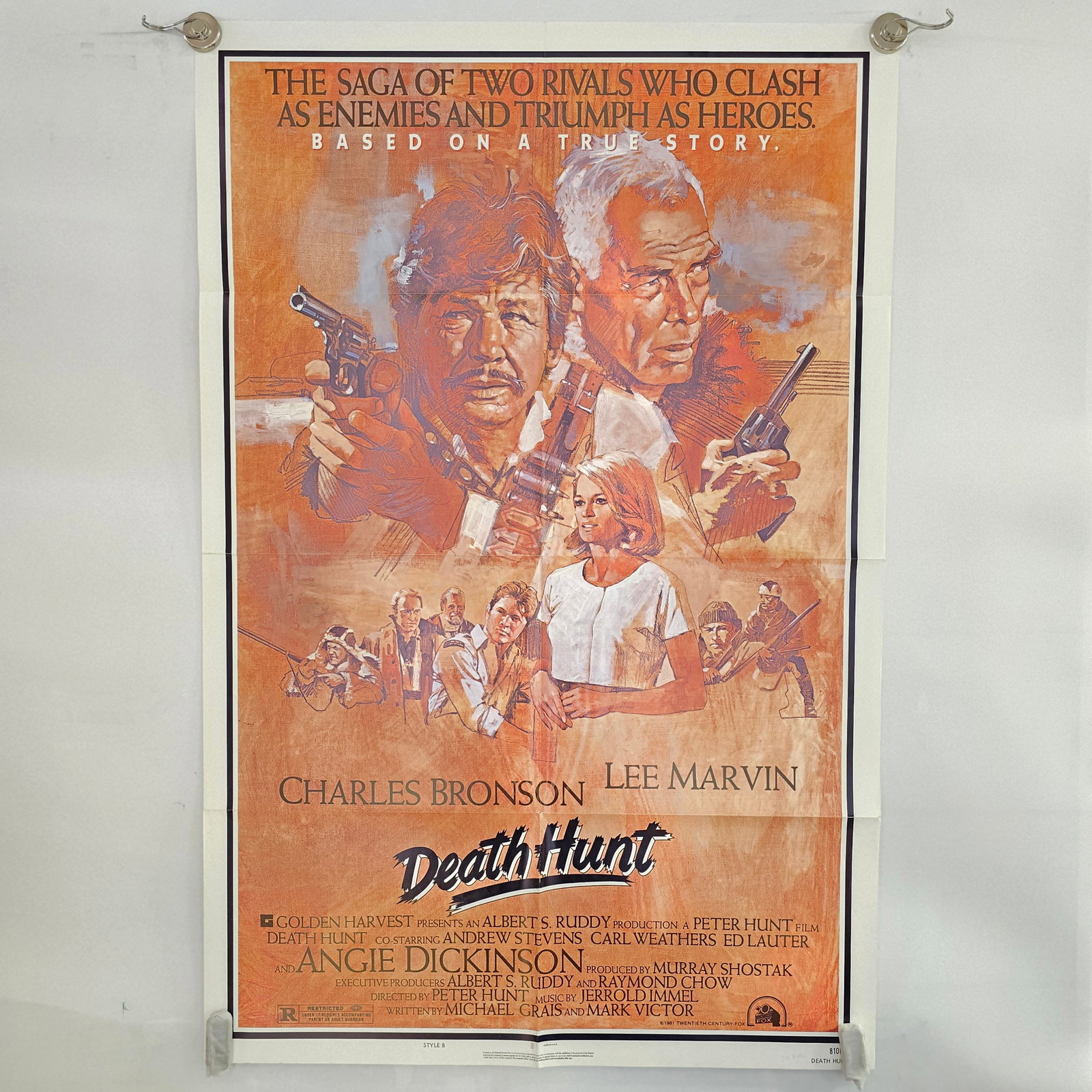Death Hunt Movie Poster: 1981 Death Hunt Original Folded 1 Sheet Movie Poster Poster was stored folded and has subsequent creases. Small hole along crease visible. 