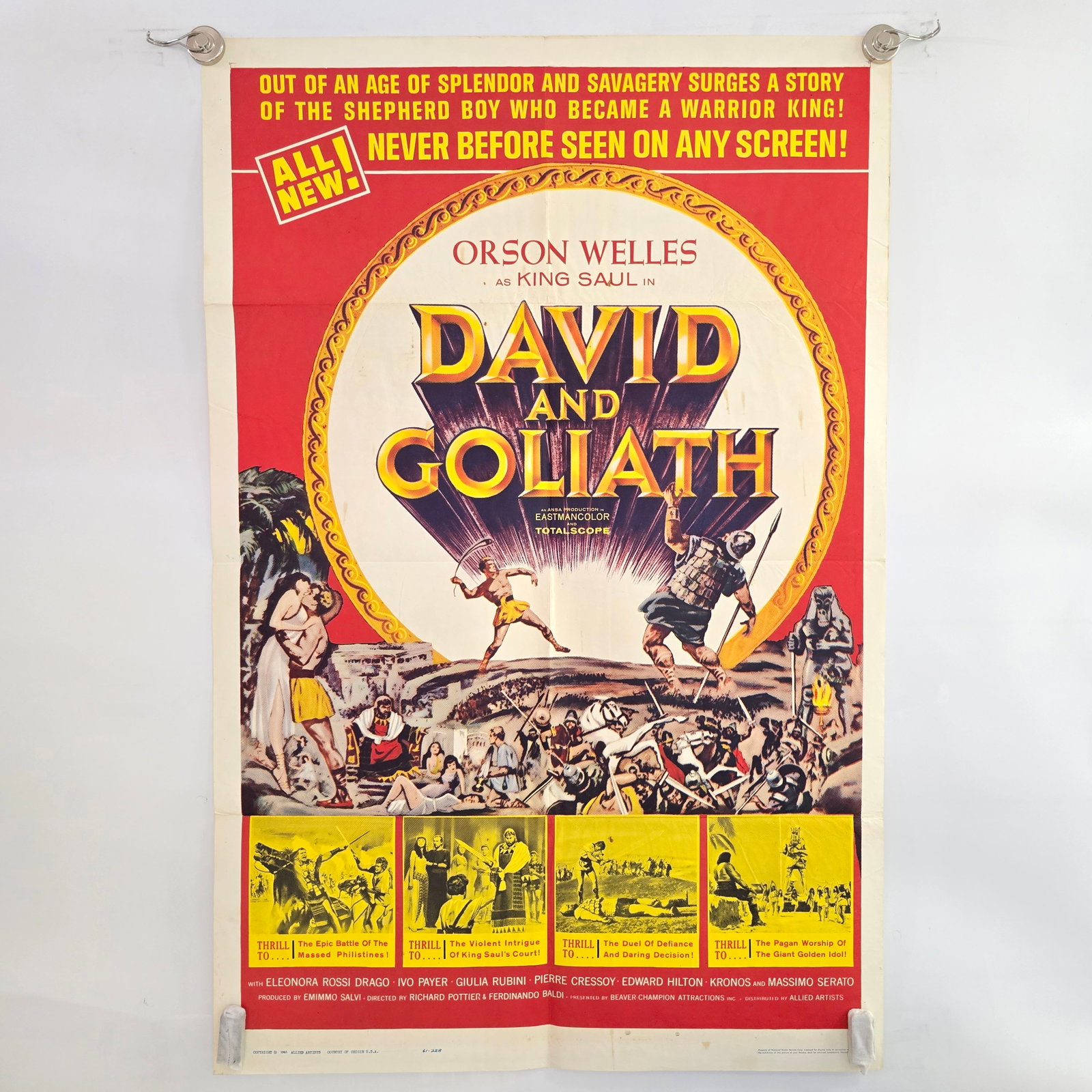David & Goliath Movie Poster: 1961 David and Goliath Original Folded 1 Sheet Movie Poster Poster was stored folded and has subsequent creases/wear to the folds and some staining on back, light wrinkling. 