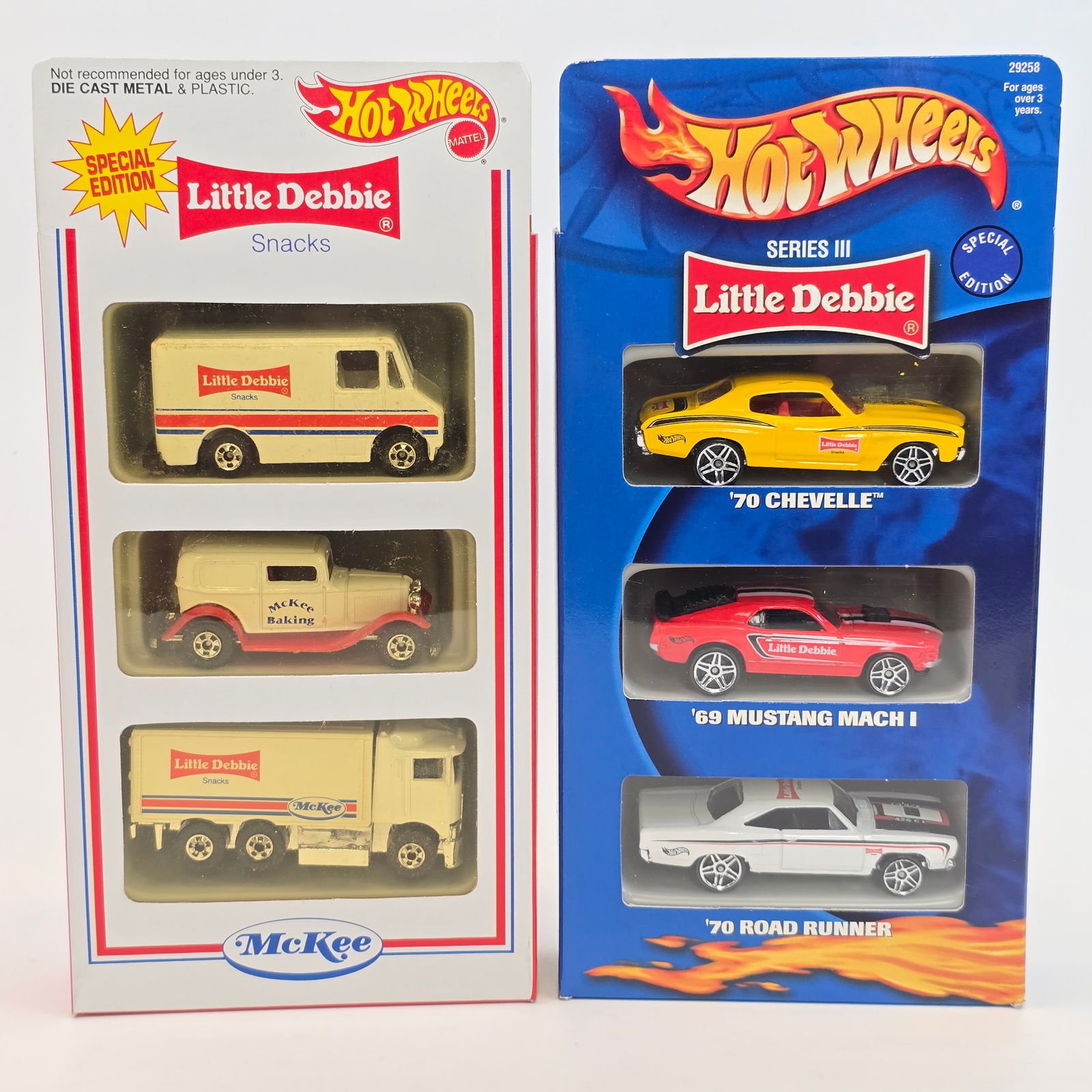 Hot Wheels Mail in 3 packs: Hot Wheels Little Debbie Mail in 3 packs - Series I and Series III Car(s) - excellent with no issues Card(s) - solid with light edge and corner wear Blister(s) - clear, crack free and firmly at