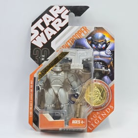 Star Wars Saga Legends Darktrooper action figure. Figure is excellent in a very good, sealed