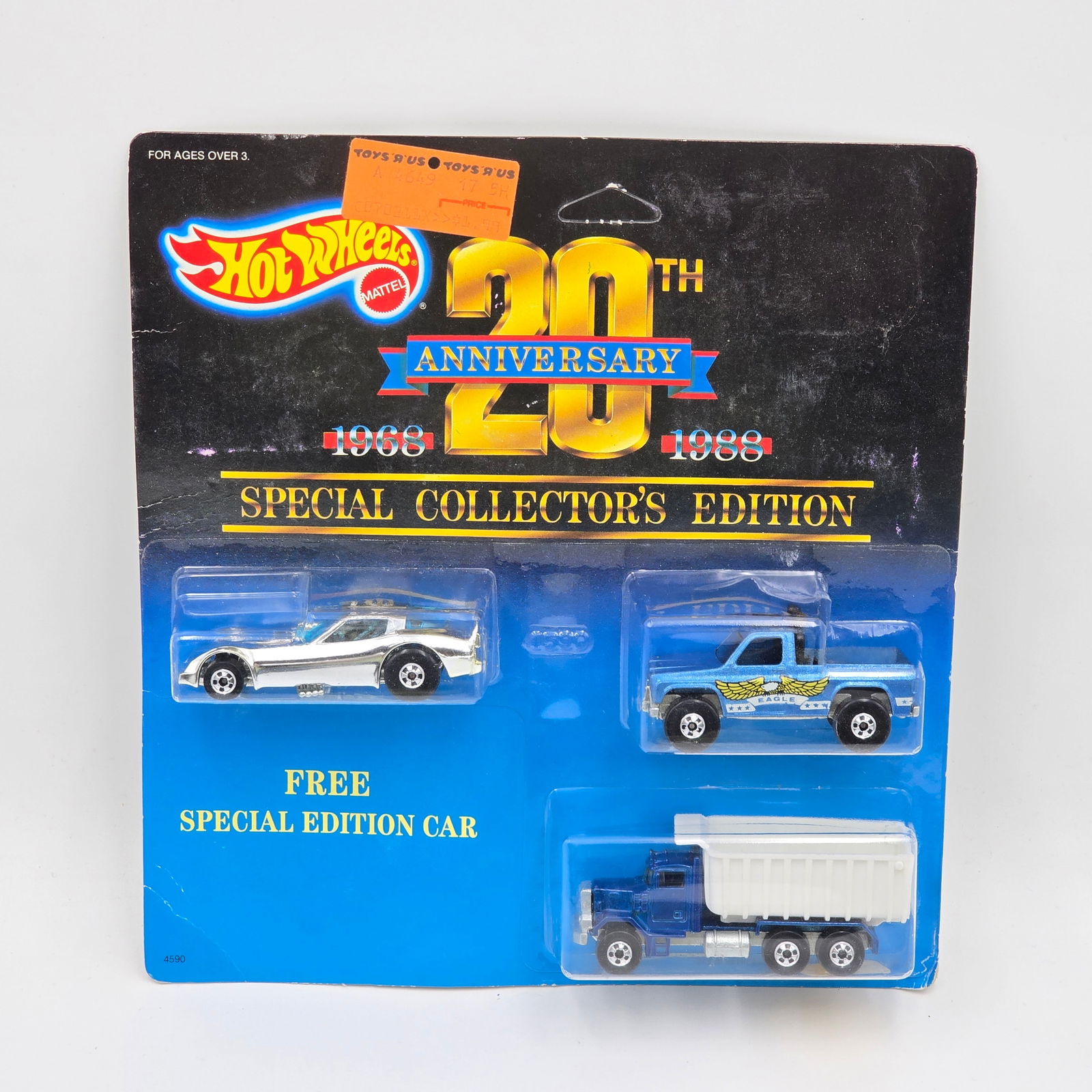Hot Wheels 20th Ann 3 Pack: Hot Wheels 20th Anniversary 3 Pack - includes chrome Corvette, Dump Truck and Bywayman TruckCars: All appear excellent with no issues of note Card: good with wave, edge and corner wear Blisters: Clear