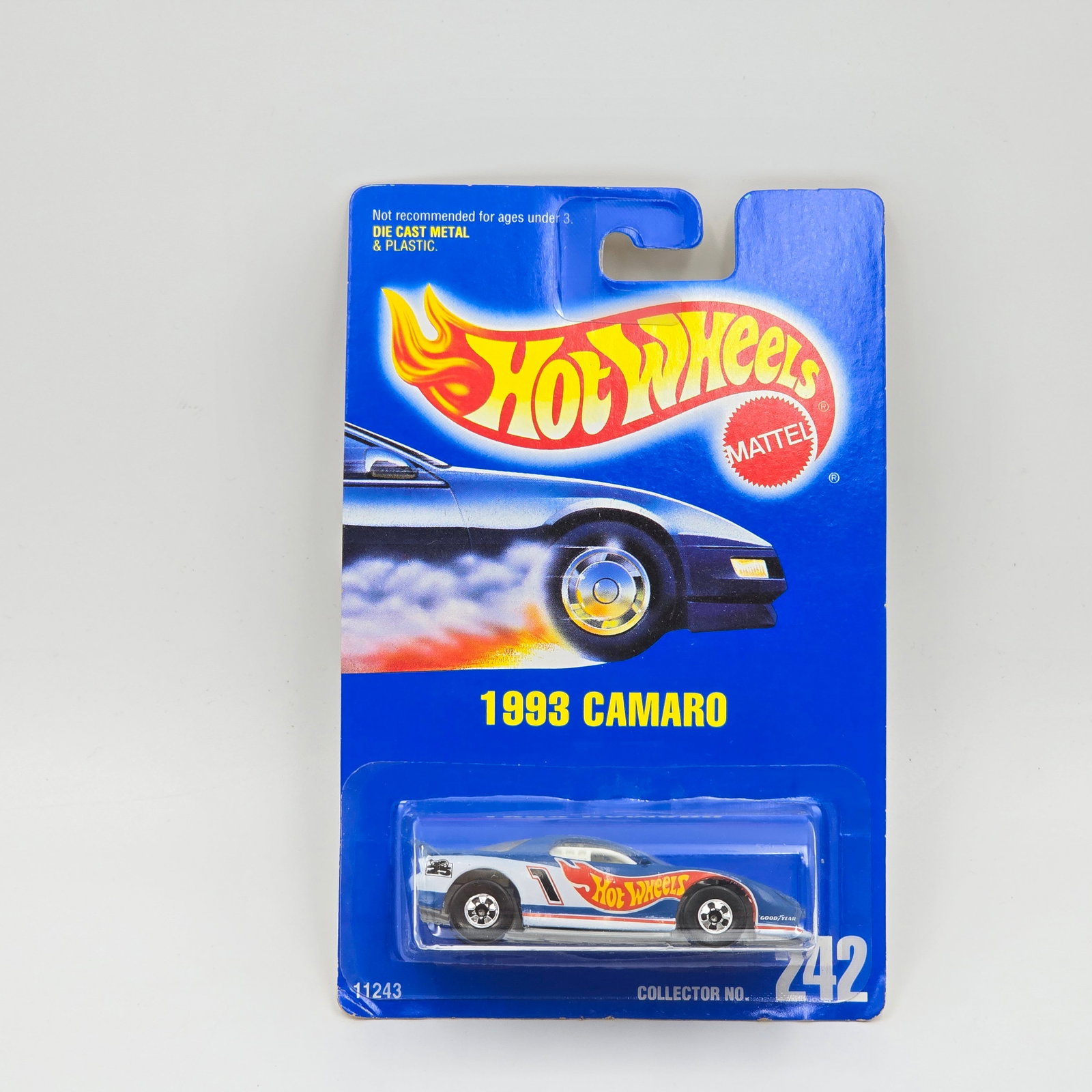 Hot Wheels Blue Card 1993 Camaro: Hot Wheels Blue Card 242 1993 Camaro with black # tampo and basic wheels Car: Excellent with no issues Card: Good with edge and corner wear, primarily to bottom Blister: Clear, crack free and firmly a