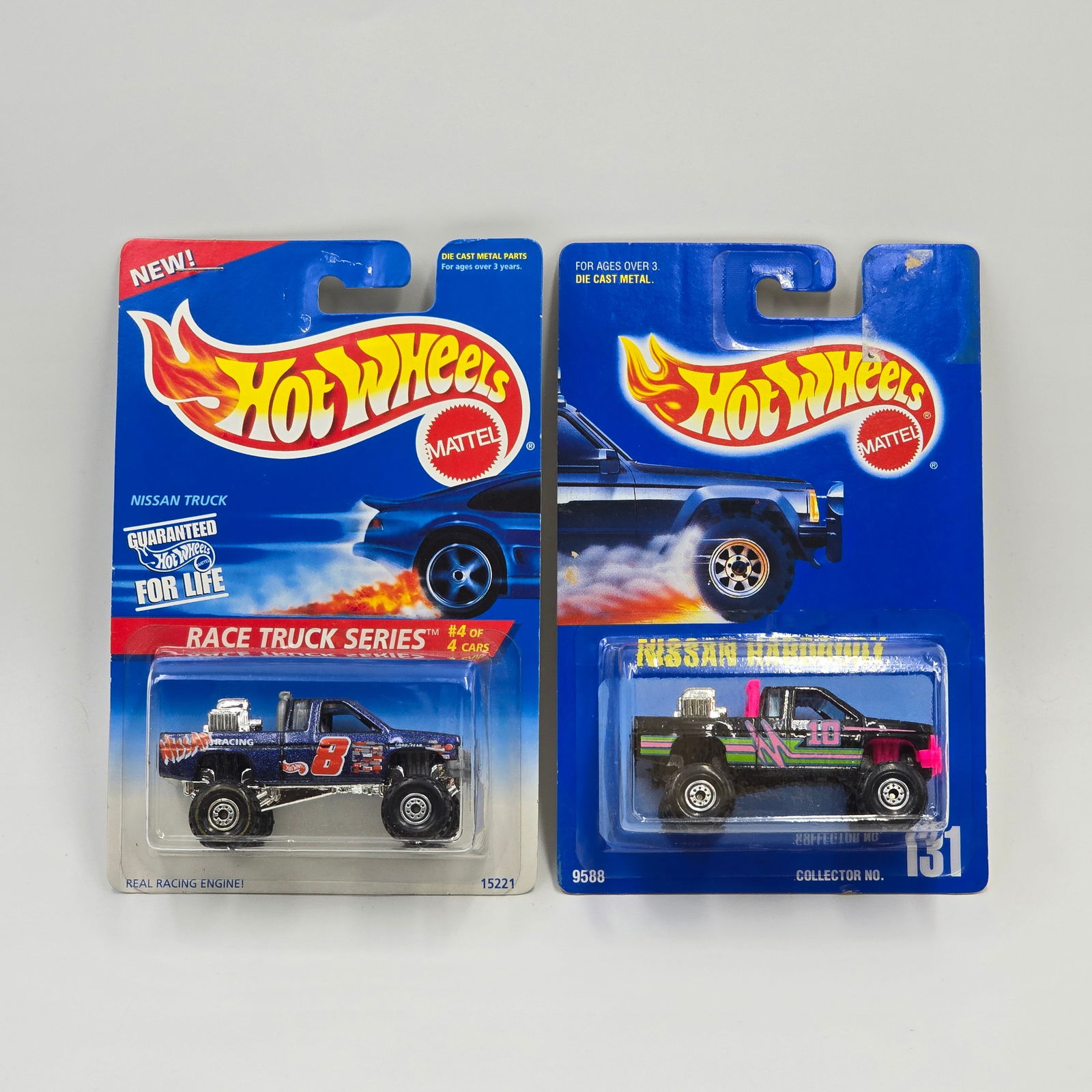 Hot Wheels Nissan Hardbody pair: Hot Wheels Nissan Hardbody pair including - Race Team Series and Blue Card #131 Cars: Excellent with no issues Cards: Very good, they do have light shelf wear and a small skinned spot on #131 where