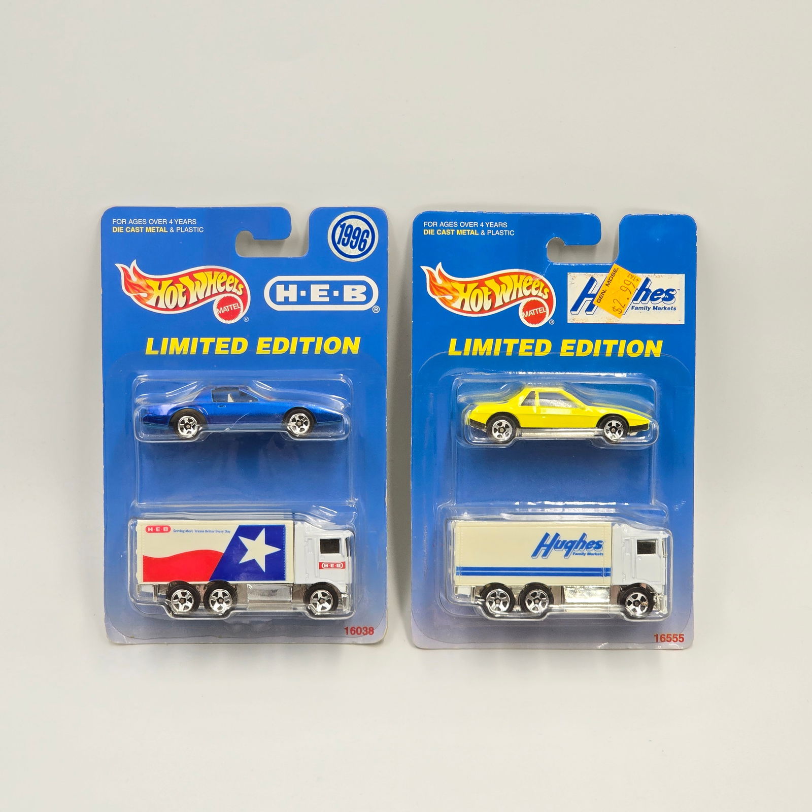 Hot Wheels Hiway Hauler 2 Pack pair: Hot Wheels Hiway Hauler 2 Pack pair, includes - HEB with Blue Firebird and Hughes with Yellow Fiero Cars: Excellent with no issues Cards: Very good, they have edge and corner wear in spots, mainly