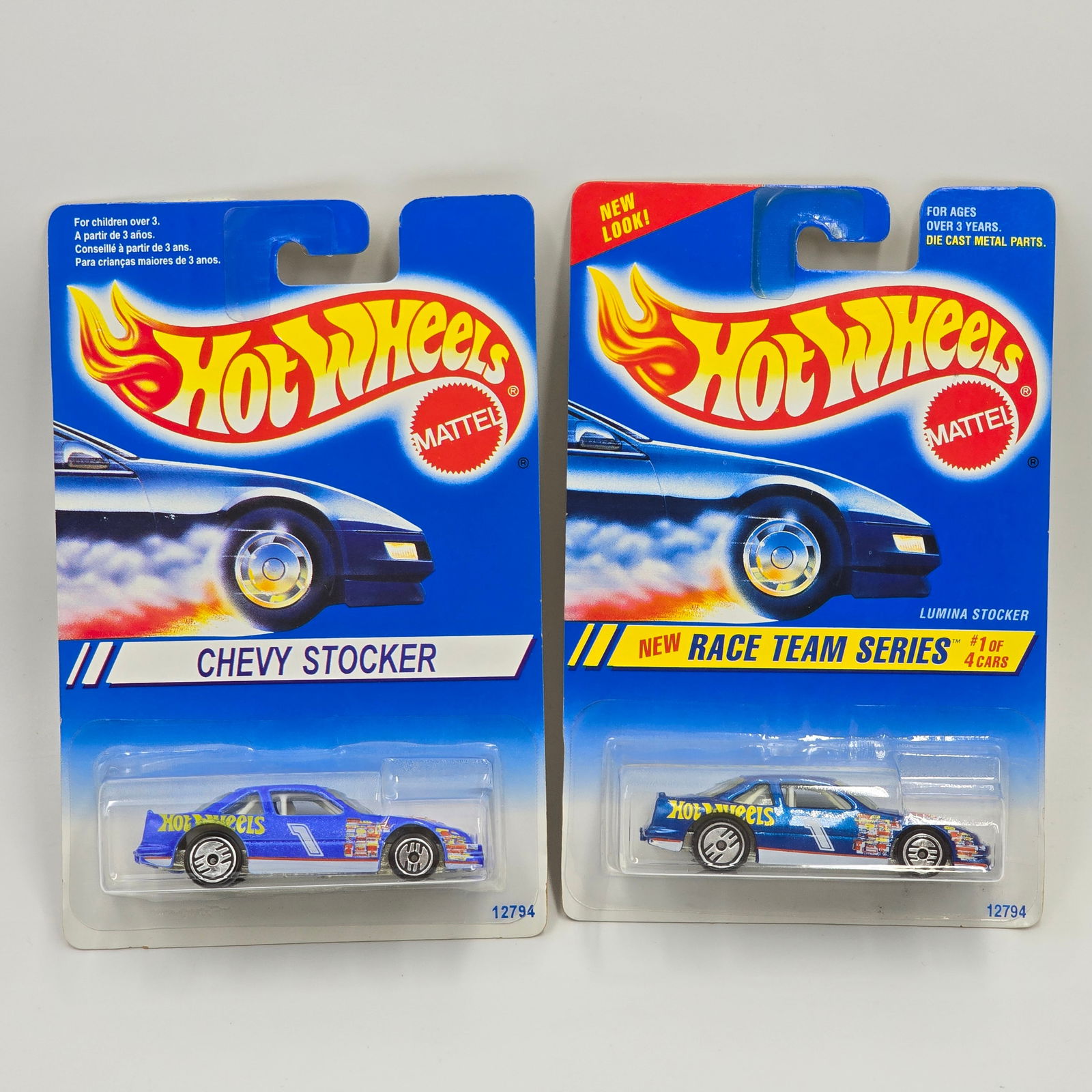 Hot Wheels Chevy Stocker Pair: Hot Wheels Chevy Stocker pair, includes one on a Canadian Chevy Stocker card, the other on a Race Team Series card, both have UH wheels. Cars: Excellent with no issues Cards: Very good, they may