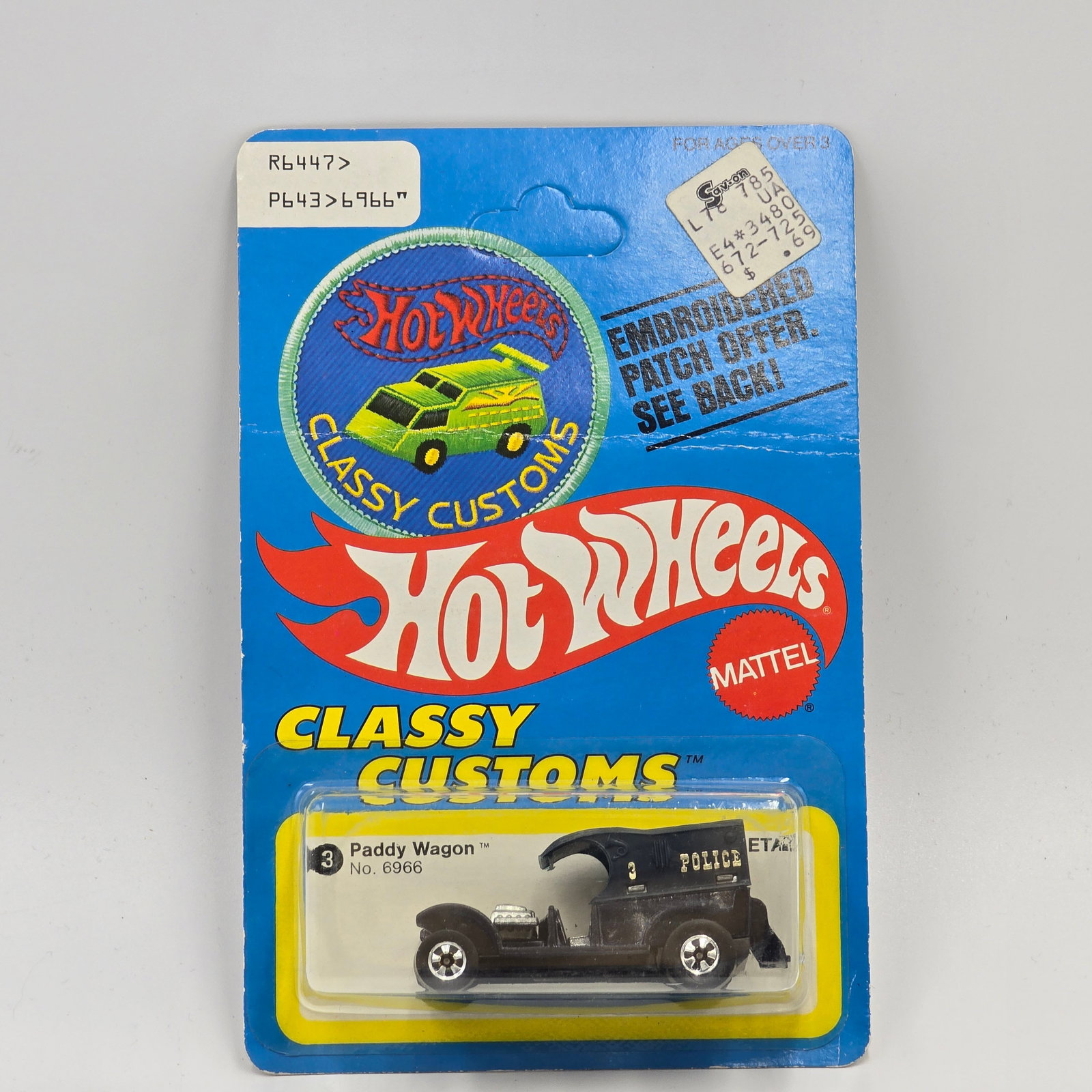 Hot Wheels Classy Customs Paddy Wagon: Hot Wheels Classy Customs Patch Card Paddy Wagon Car: Excellent with no issues of note Card: Very good, unpunched but does have a bend across the card halfway between the top of the card and the blist