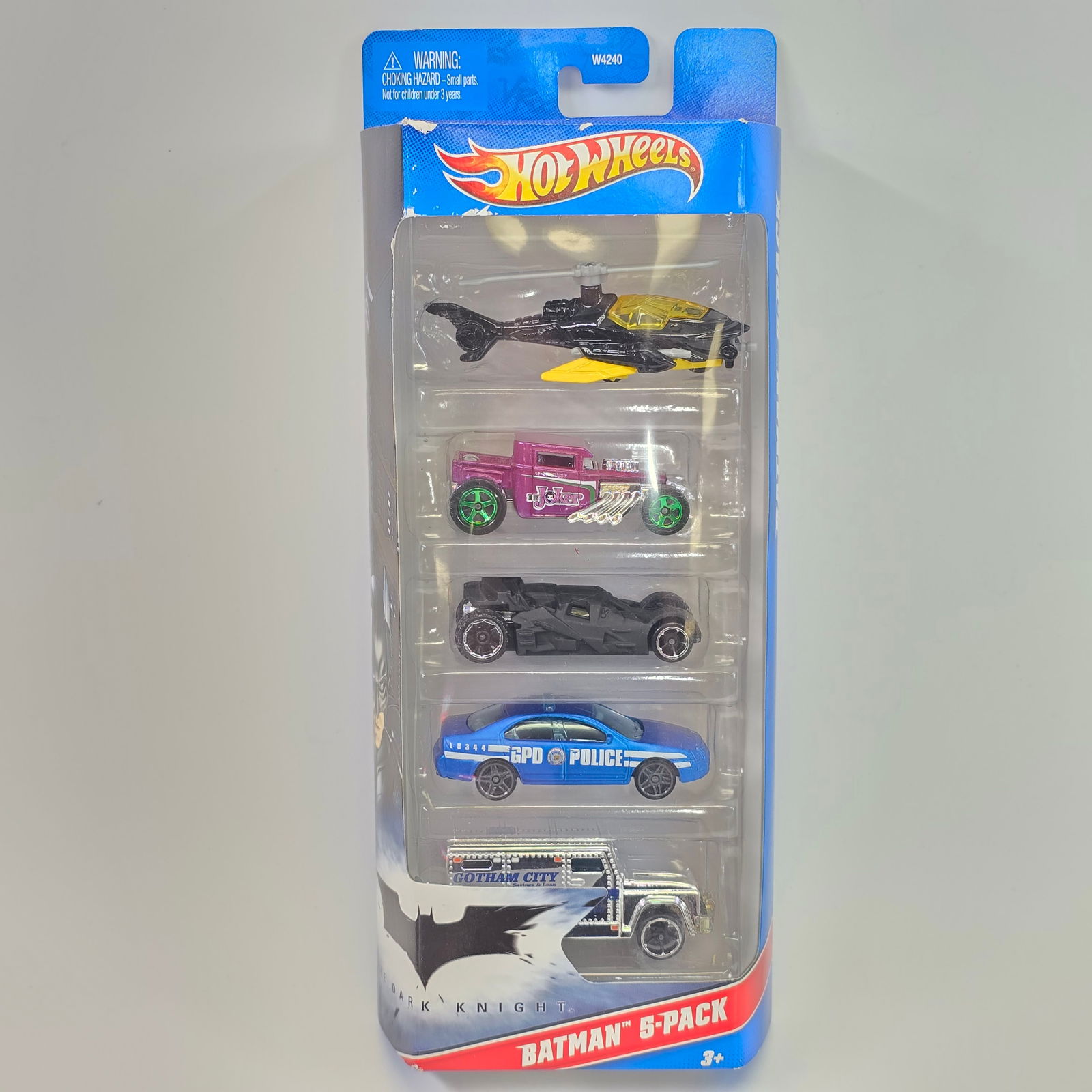 Hot Wheels Batman 5 Pack: Hot Wheels Dark Knight Batman 5 pack, includes - Joker face variation bone shaker, Batmobile, Bat Copter, Armored Car and Police Cruiser Cars: Excellent with no issues of note Card/pack: Excellent wit