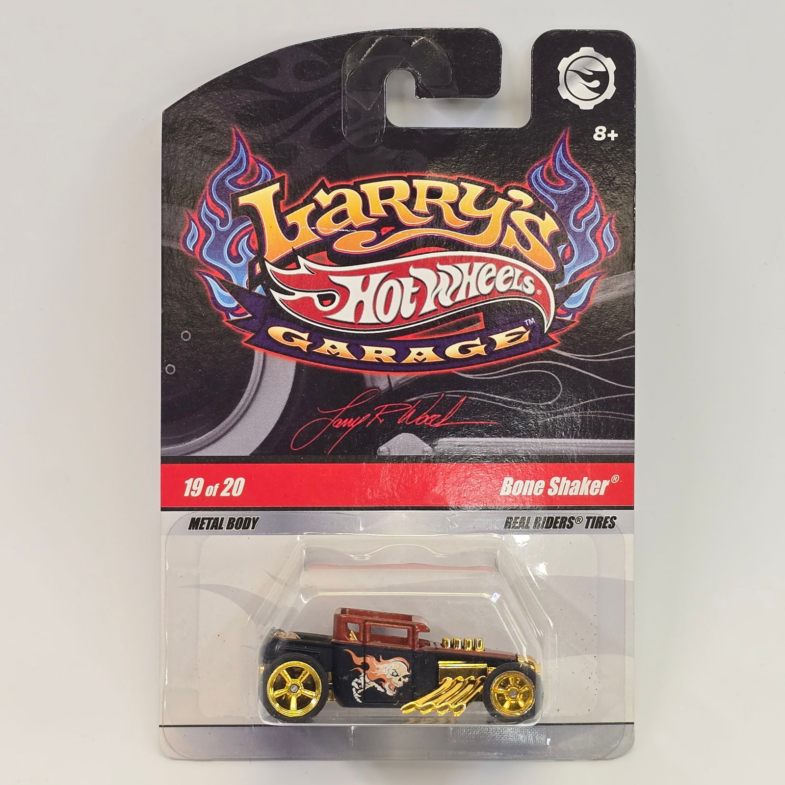 Hot Wheels Larry's Garage Bone Shaker: Hot Wheels Larry's Garage Bone Shaker with Real Riders Car: Excellent with no issues of note Card: Excellent but may have minor edge and/or corner wear in spots Blister: Clear, crack free and firmly a