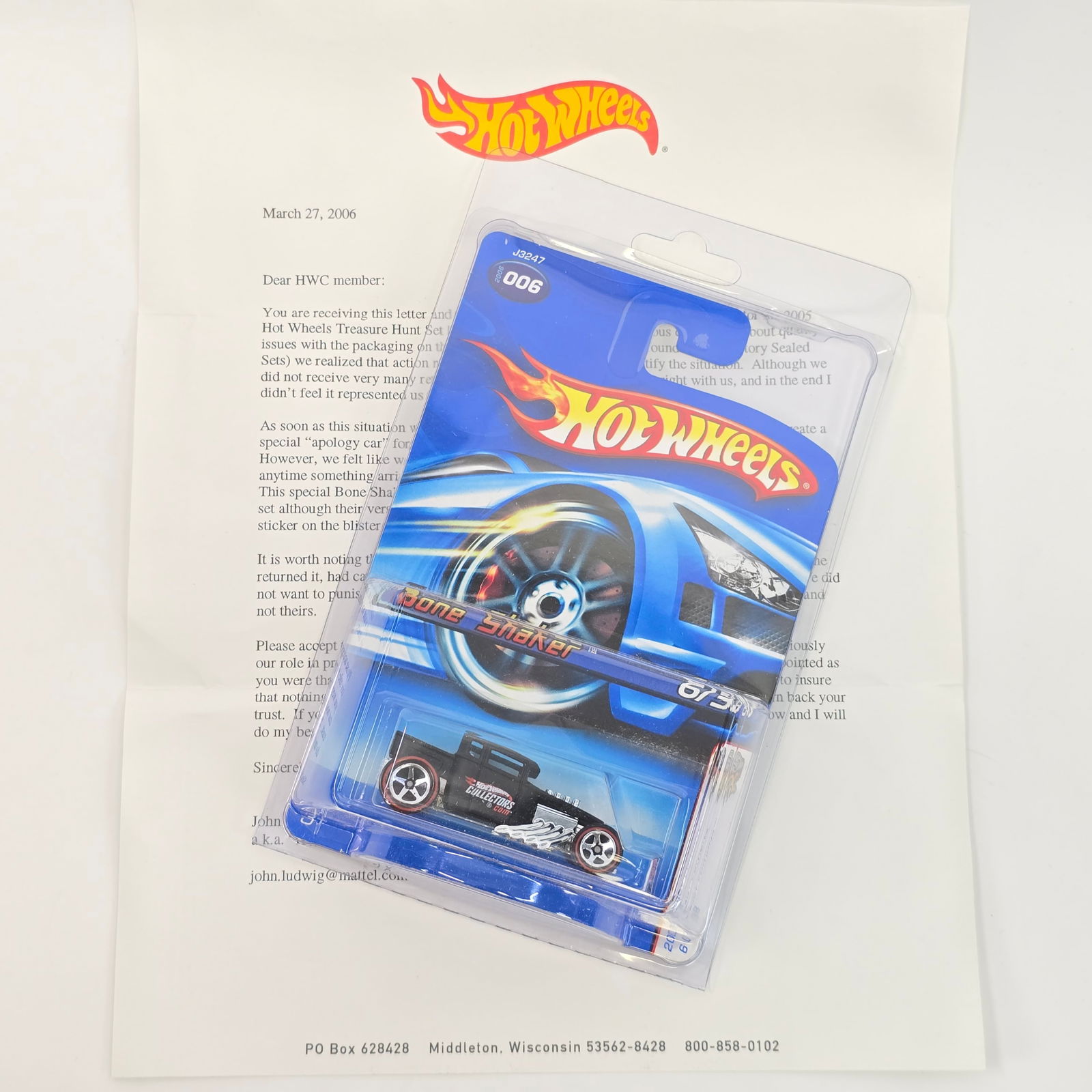 Hot Wheels Apology Bone Shaker: Hot Wheels 2006 Apology Bone Shaker, includes - Bone Shaker and original apology letter Car: Excellent with no issues of note Card: Excellent with no issues of note Blister: Clear, crack free and