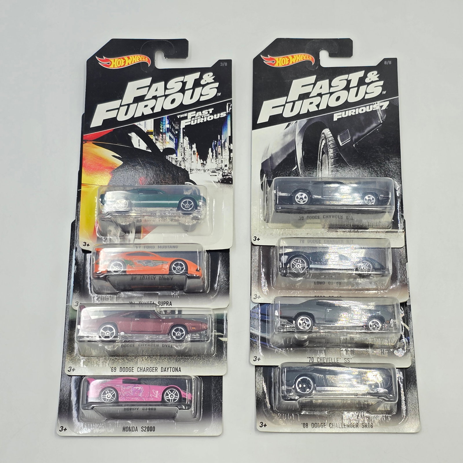 Hot Wheels Fast and Furious Lot of 8: Hot Wheels Fast & Furious lot of 8, includes - 70Dodge Charger R/T, Ford GT40, 08 Dodge Challenger SRT8, 70m Chevelle SS, 69 Dodge Charger Daytona, 67 Ford Mustang, Honda S2000 and 94 Toyota Supra
