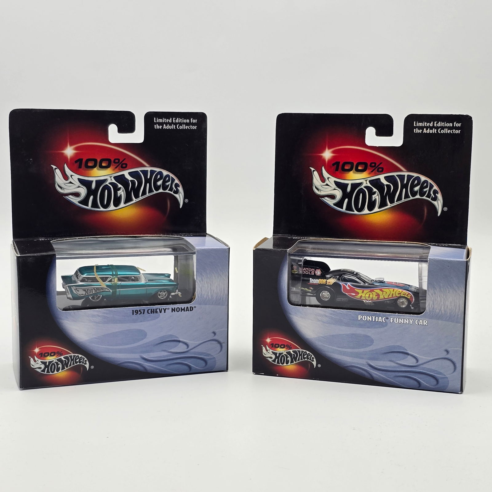 Hot Wheels 100% Black Box Pair: Hot Wheels 100% Black Box lot of 2, includes Aqua over chrome 1957 Chevy Nomad and Pontiac Funny Car Cars look to be in good condition but the Nomad does have the typical rubber band issues associa