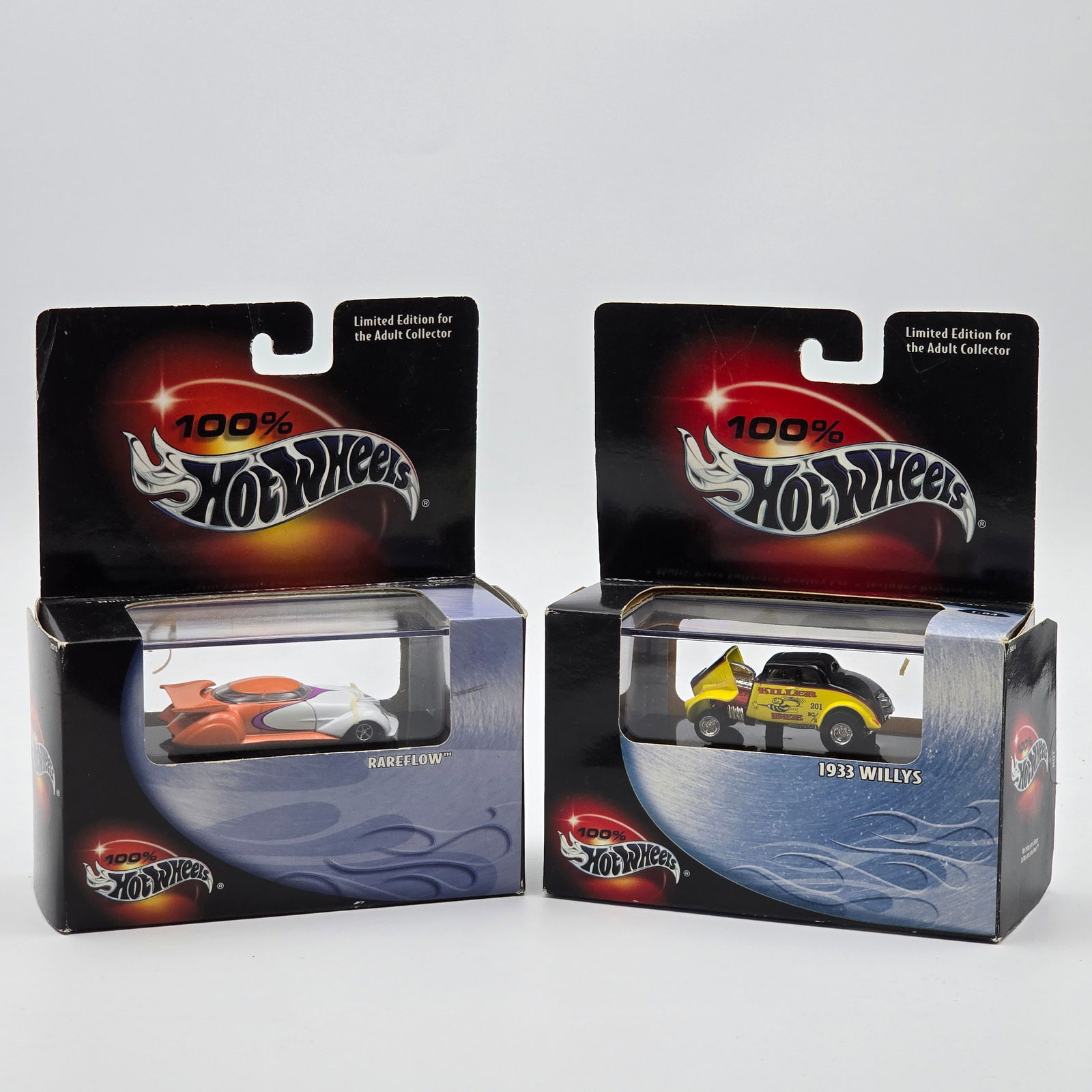 Hot Wheels 100% Black Box Pair: Hot Wheels 100% Black Box lot of 2, includes 1933 Willys and a Rareflow Cars look to be in good condition but do have the typical rubber band issues associated with these, so may have damage to pai