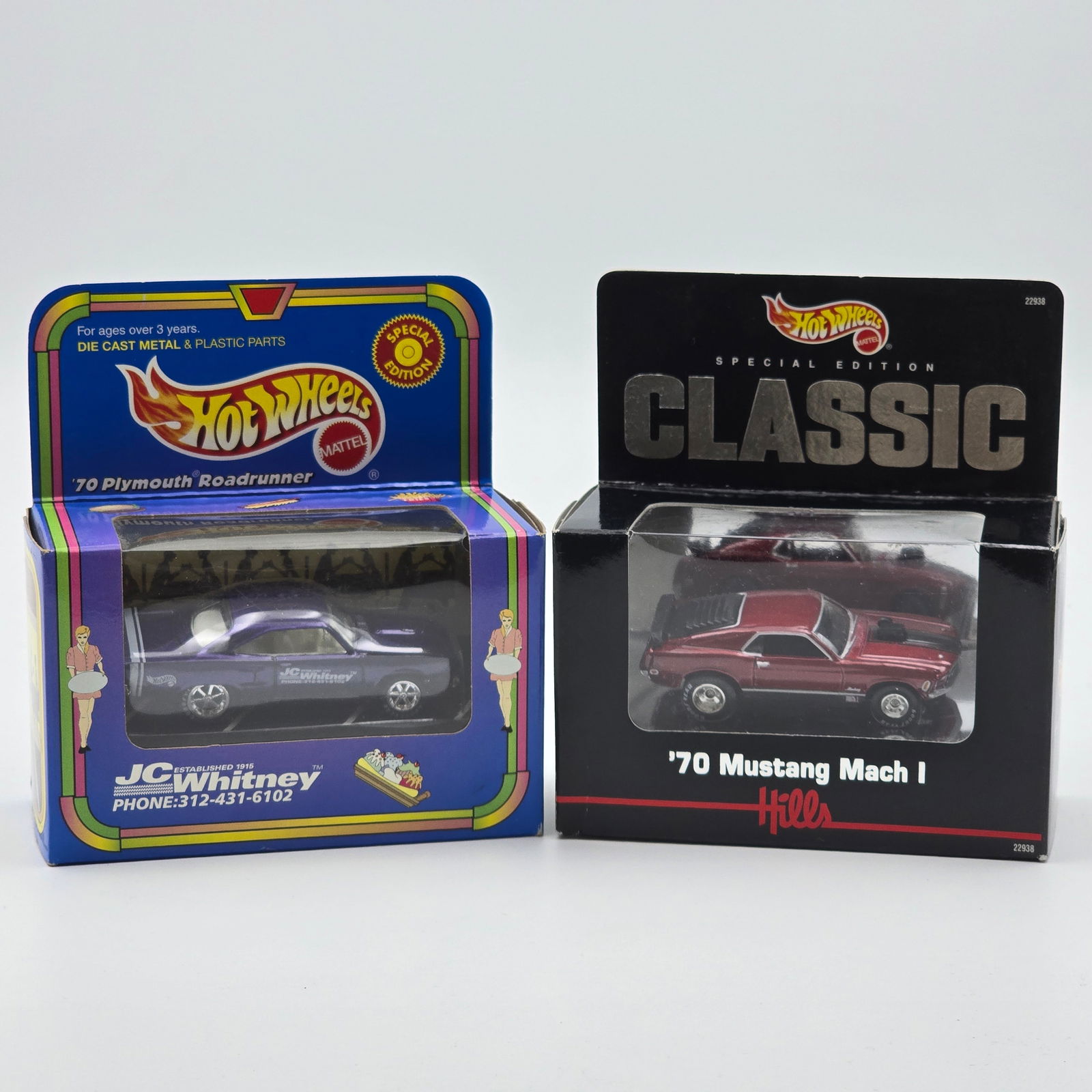 Hot Wheels Boxed Pair: Hot Wheels boxed lot of 2, includes Hills Classics 70 Mustang Mach I and JC Whitney Purple 70 Plymouth Road Runner Cars look to be in good condition and are sealed in original boxes. Check photos f