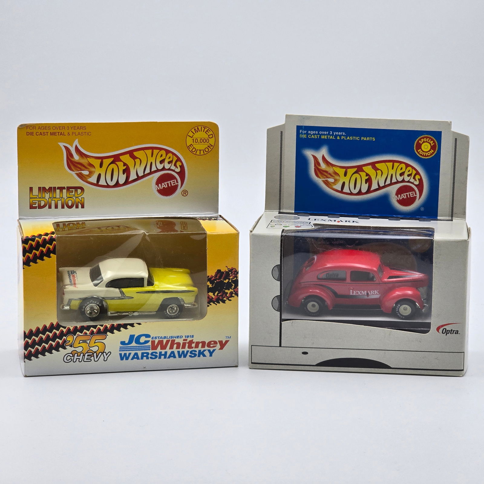 Hot Wheels Boxed Pair: Hot Wheels Boxed pair, includes JC Whitney Yellow 55 Chevy (LE 10,000) and a Red Lexmark Fat Fendered 40 Both cars appear excellent in sealed boxes Boxes are sealed and appear to be in excellent