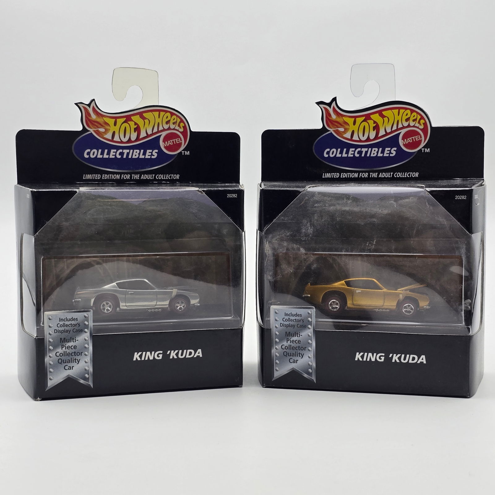 Hot Wheels Black Box King Kuda Pair: Hot Wheels Black Box Collectibles lot of 2, includes 2 King Cudas, one each in chrome and gold Cars look to be in good condition but do have the typical rubber band issues associated with these, so