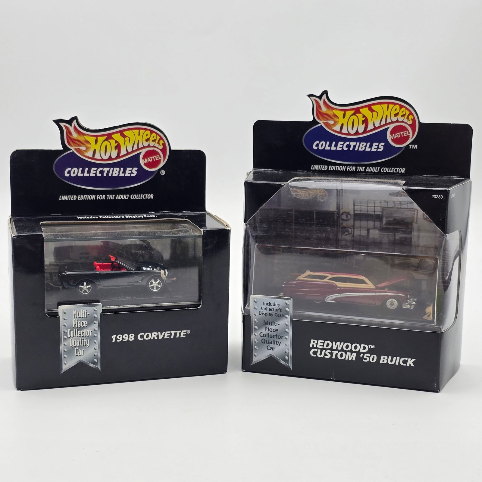Hot Wheels Black Box Pair: Hot Wheels Black Box Collectibles lot of 2, includes 1998 Corvette and Redwood Custom '50 Buick Cars look to be in good condition but do have the typical rubber band issues associated with these, s