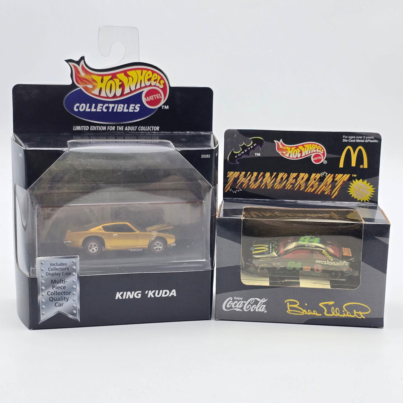 Hot Wheels Black Box Pair: Hot Wheels Black Box Collectibles lot of 2, includes gold King Kuda and a McDonalds NASCAR Thunder Bat Cars look to be in good condition but the Kuda does have the typical rubber band issues associ