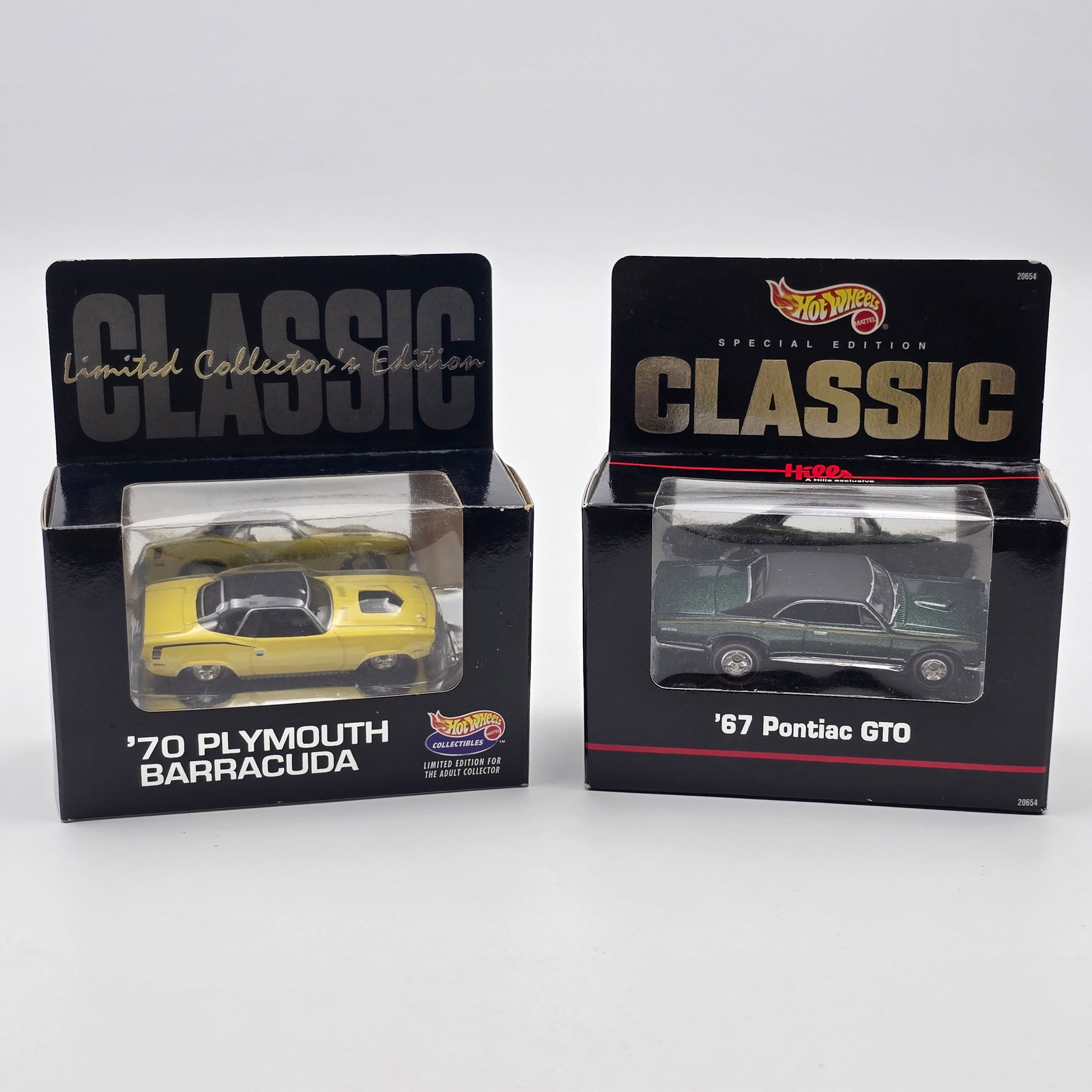 Hot Wheels Hills Black Box Pair: Hot Wheels Hills Black Box Collectibles lot of 2, includes yellow '70 Plymouth Barracuda and a green '67 Pontiac GTO Cars look to be in excellent condition with no issues of note Boxes are sealed