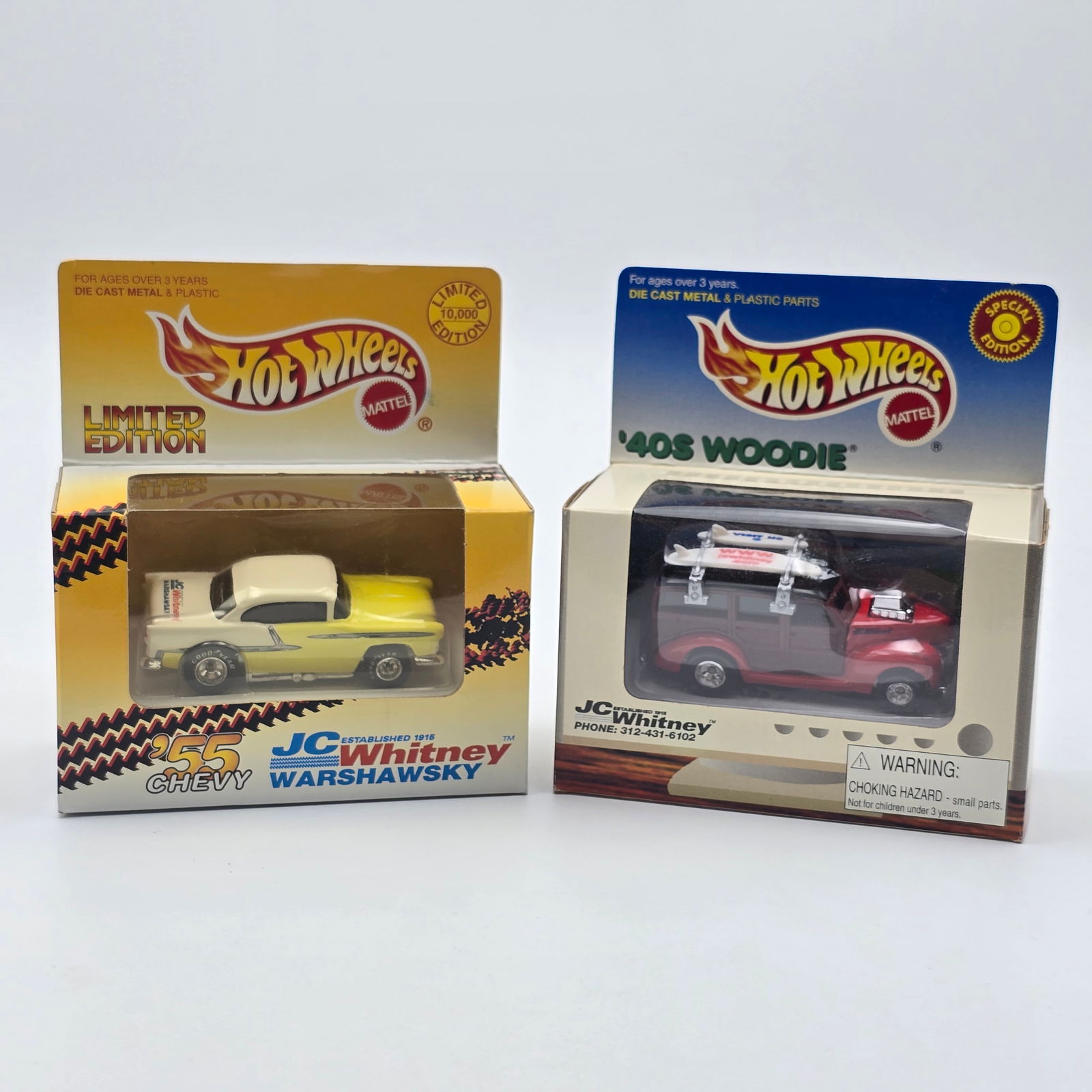 Hot Wheels JC Whitney Boxed Pair: Hot Wheels JC Whitney boxed pair, includes '40s Woodie and a yellow 55 Chevy (LE 10,000) Both cars appear excellent with no issues of note Boxes are very good showing little to no signs of wear