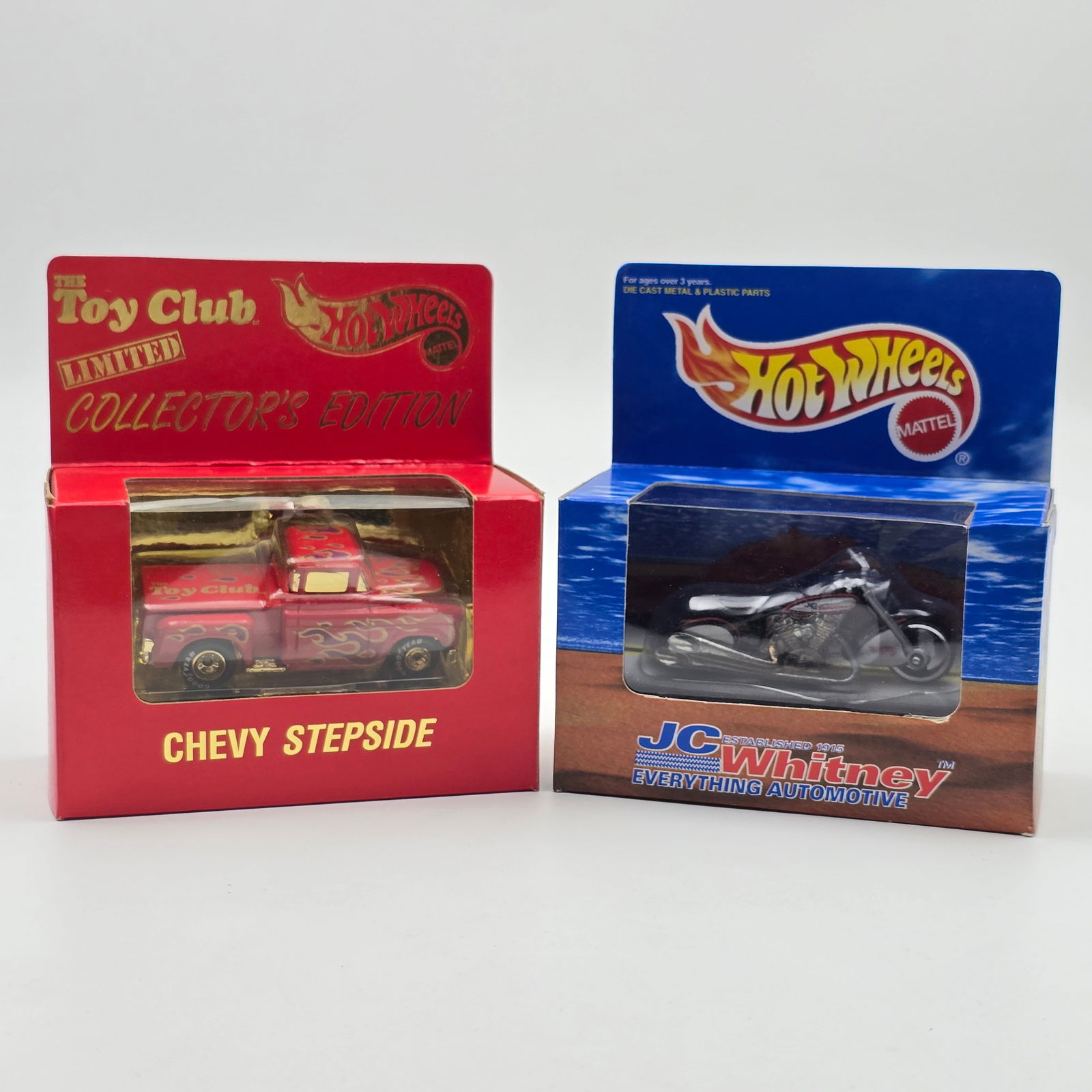 Hot Wheels Premium Boxed Pair: Hot Wheels premium boxed pair, includes The Toy Club Chevy Stepside and JC Whitneys Scorchin Scooter Cars look to be in great condition with no issues of note. Check photos for full description.