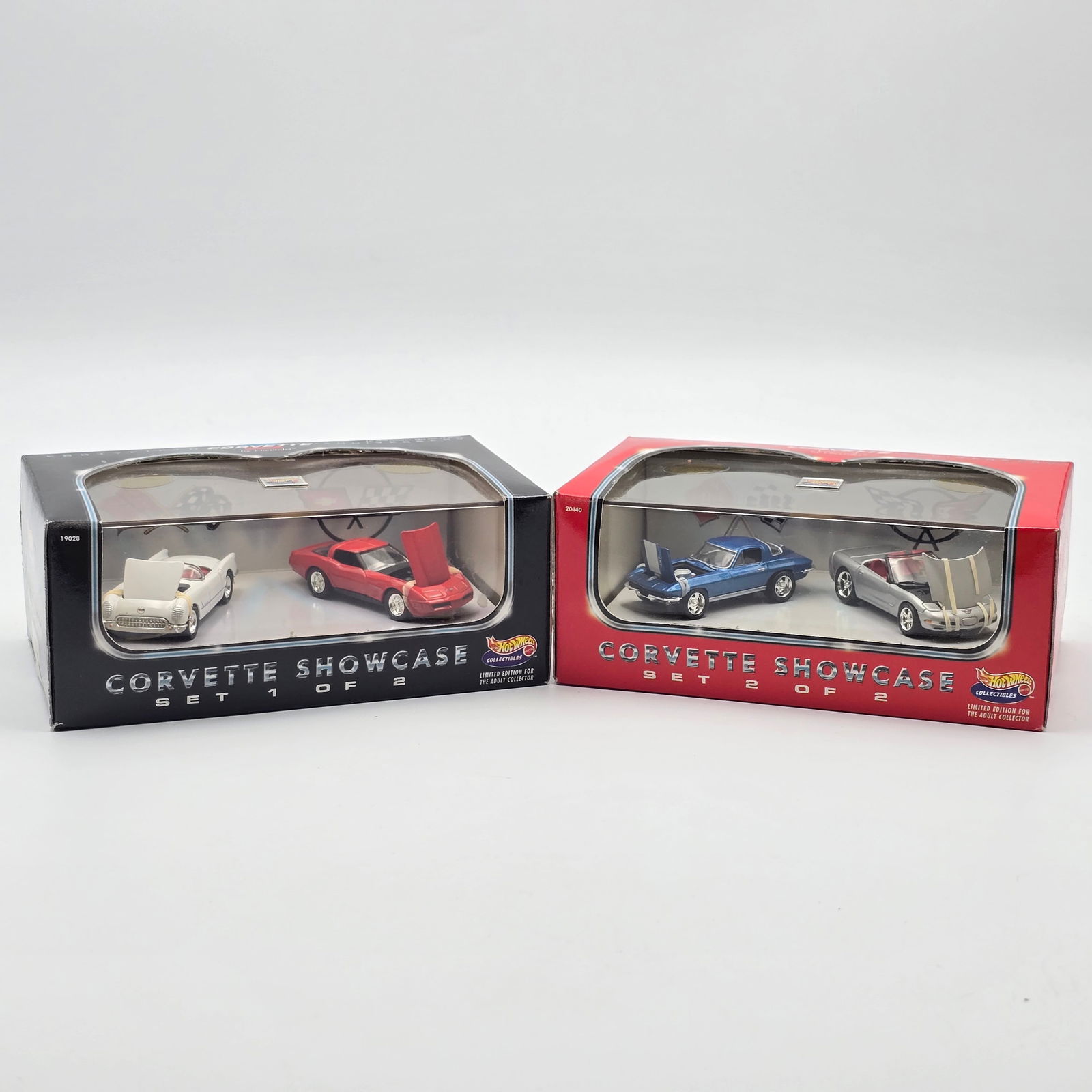 Hot Wheels Collectibles 2 Pack Pair: Hot Wheels Corvette Showcase 2 pack pair, includes set #1 and set #2 Cars look to be in good condition but do have the typical rubber band issues associated with these, so may have damage to paint in